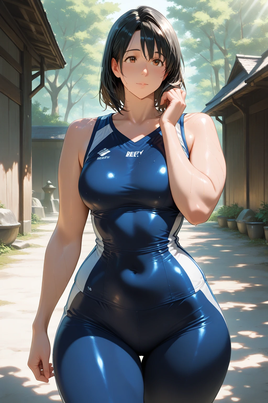 Highest quality, masterpiece, Ultra-high resolution, (Realistic:1.4), RAW Photos, Intricate details, Big beautiful eyes, Perfect contours, masterpiece, One Girl, ((A young female college student))Braided Bob, chest is medium size, Competitive swimmer, (one piece, turtleneck,Sleeveless swimsuit), Clear sapphire glass swimsuit, 　tight high leg swimsuit, ((back view:1.3, looking over shoulder:1.3, shoot from below:1.3)), Portraiture, View your viewers, Outdoor swimming pool, Partially submerged, Wet Skin, smile, (Underarm)