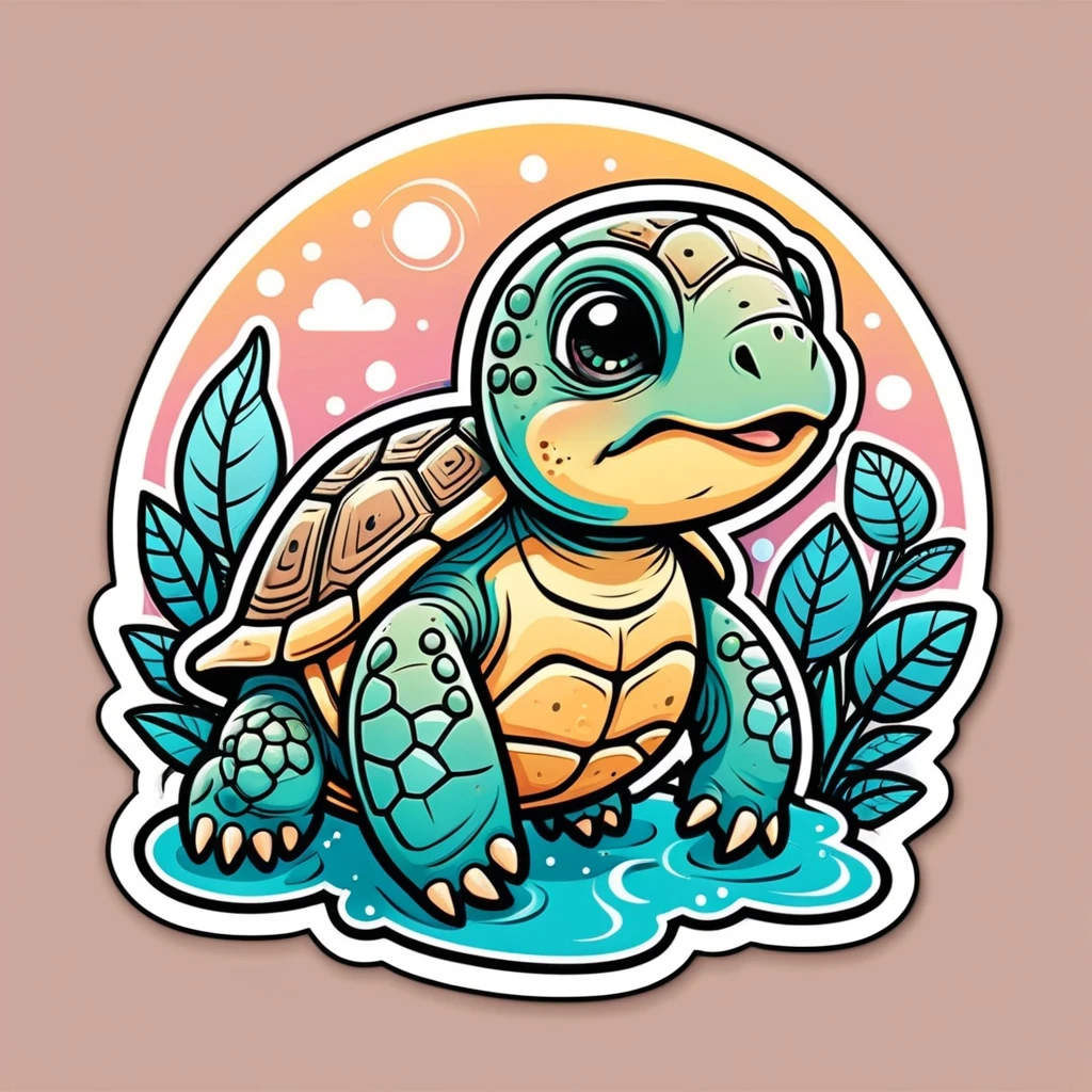 sticker vector design, cute turtle, kawaii, pastel colors, contour, nature vibes