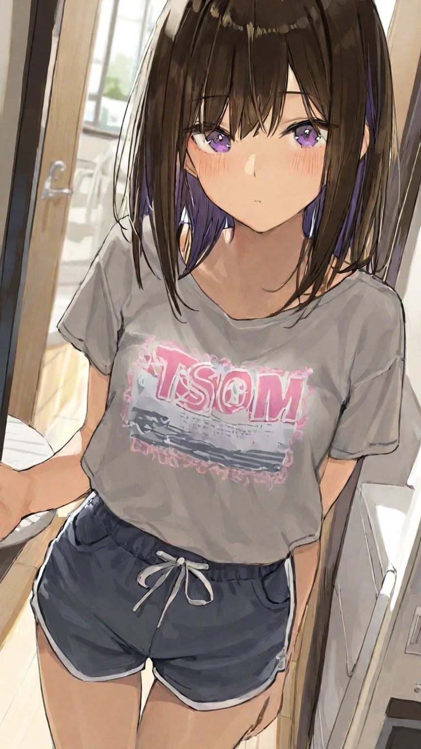 Masterpiece, best quality, beautiful girl, dark skin, T-shirt, shorts, squatting,