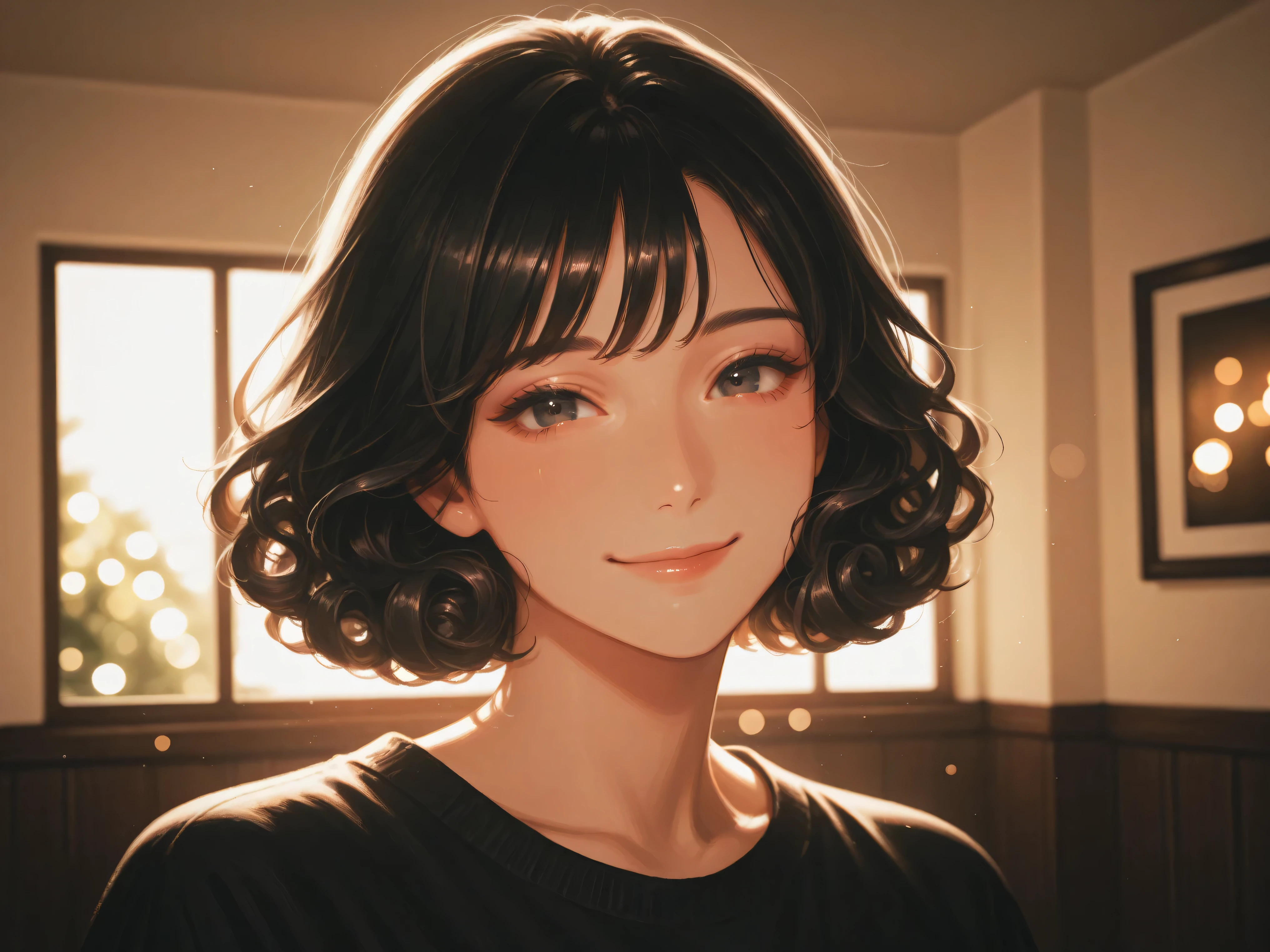 High Quality,4K,portrait,Photographic Realism,dim room,Smile Yan,womanhood,dark haired,short hair,Curly hair, buka buka shirt ,Black Clothes,natural light,soft,Bokeh,Elegant,Picturesque,interior,Indoor