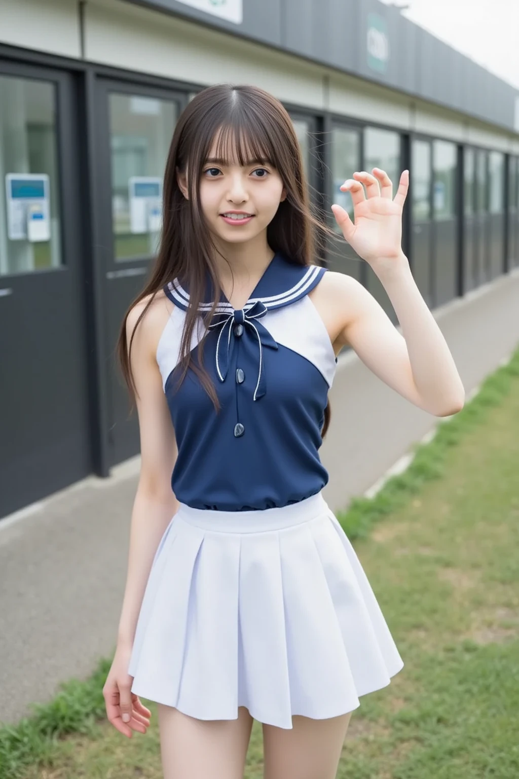 masterpiece、超High resolution、well done!、She has a very pretty face and is young like an idol.々I have a nice face.A 20-year-old Japanese girl with cute features、Gentle and cute、A kind smile、(((Lift up your skirt with both hands))),(((I can see her panties))),She is in school Cheerleading Team、Cheerleader uniforms are bikini style and expose cleavage.、Medium bust full body、RAW Photos、Genuine、High resolution、Life、No copyright notice
