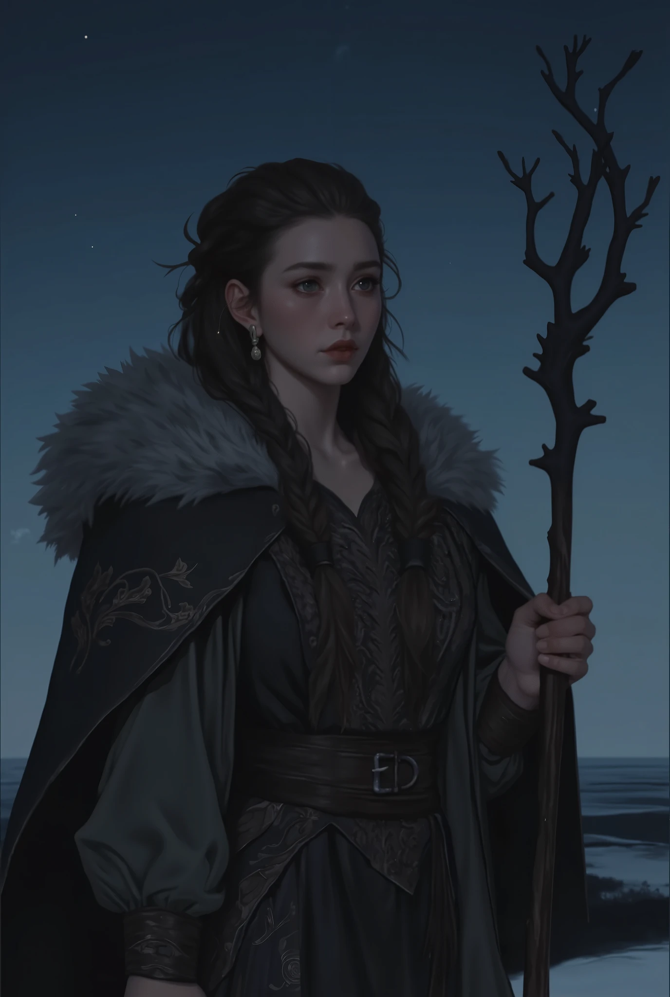 a close up of an woman standing beneath a dusky sky, dusky background with dark blues and blacks, dusky sky with stars, pale complexion, pale skin, raven dark hair messily braided into two braids, two messy braids, lean musculature, feminine, semi-androgynous, tall, lithe, soft blue-gray eyes, soft lips, wearing dark furs and a dark dress made of dark fabrics, wears fur cloak with fur mantle, bone necklaces, serious expression, holding a simple wooden staff decorated with bones and hanging beads, fantasy art, moody, dark, serious, Viking seer, Norse, painterly, semi-realistic, extremely detailed, beautiful