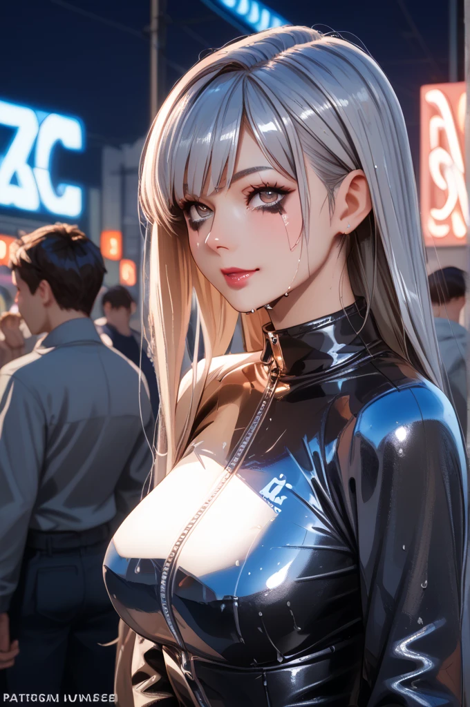 (masterpiece, high quality, highres,illustration), 1girl, galaxy multicolored hair in New york city at night with orange fog, cybercity,
