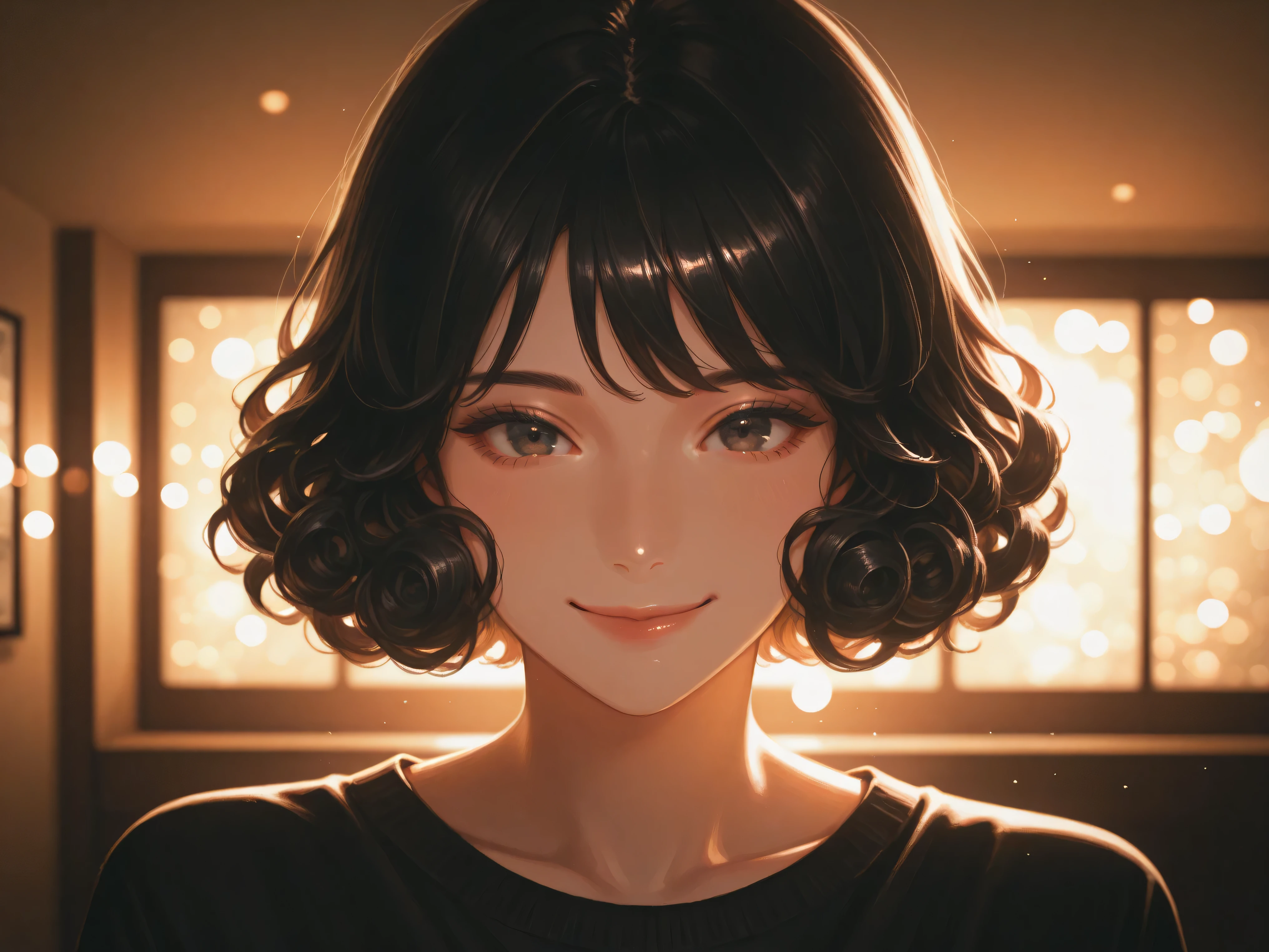 High Quality,4K,portrait,Photographic Realism,dim room,Smile Yan,womanhood,dark haired,short hair,Curly hair, buka buka shirt ,Black Clothes,natural light,soft,Bokeh,Elegant,Picturesque,interior,Indoor