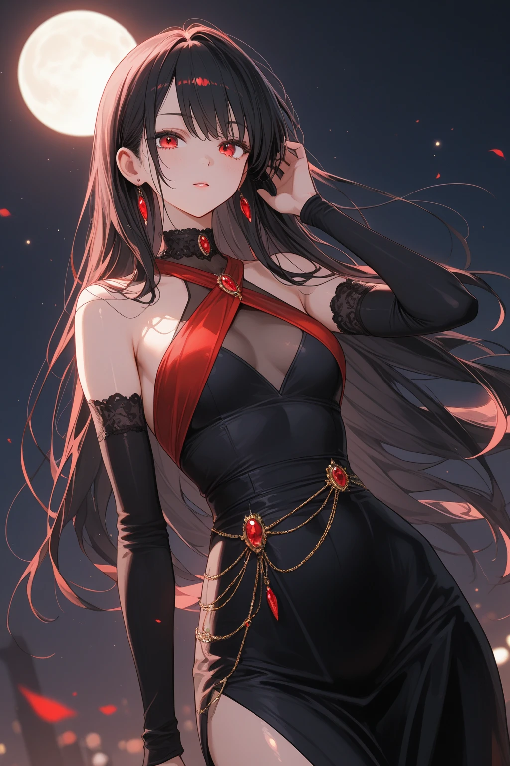 Eliza is a pale-skinned vampire with red eyes and black hair. She has a scrolling black tattoo between her shoulder blades and red horns protruding from the sides of her head. 

Eliza though has straight triangular-shaped blunt bangs that cover her forehead, and she has three sets of sidelocks, one that stops at her eyes, the others at her mouth and her longest sidelocks dropping to her waist with the ends being crimson red, which fall over her shoulders. The hair behind her horns she wears short and well-coiffed in a bob type style, hinting that perhaps she did at one point have longer hair that was the same length as her side locks.  SPARKLE; GLITTER