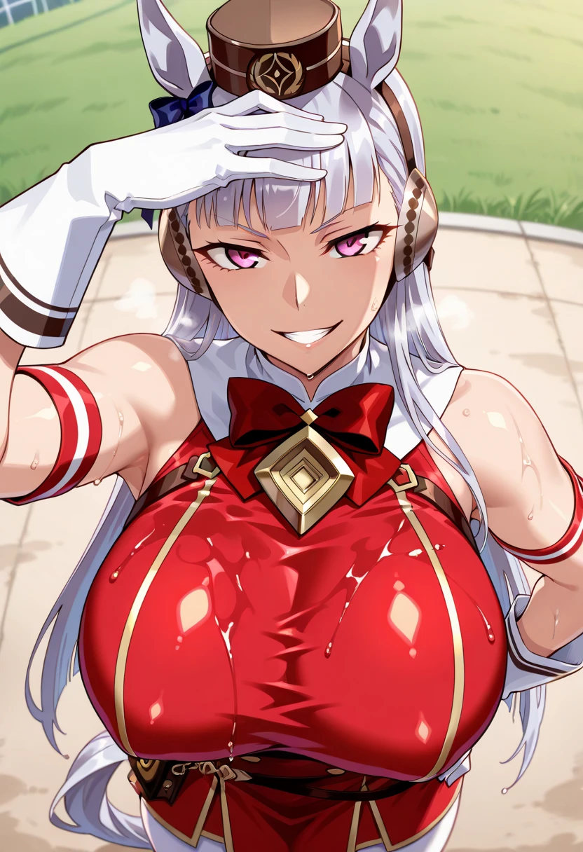 ((masterpiece)), ((Best quality)), (high resolution), (illustration), (an extremely delicate and beautiful), (ultra detailed beautiful face and eyes), nsfw,   1girl, leaning forward,  YukineChris, long hair, purple eyes, twintails, low twintails, ahoge, large breasts,  fishnet pantyhose, red a bow tie,  volumetric lightning, detailed skin texture, detailed, volumetric shadow, anime screencap,Highest quality, Sorceress, ancient babylonian nobility, ((tan skin:1.2)), (brown skin color),Long hair, twin braids, hair ornament, wine colored hair, smile, Below average size breasts, bare shoulders, (underboob:0 Raise your legs vertically、Ready your gun?、Stretching arms forward to accentuate cleavage 8K, masterpiece, Best_quality, high_resolution, ultra_details, detailed, 1girl, 独奏, looking_at_viewer, upper_body, indoors, braid, blurry, bangs, white_hair, blurry_background, collared_shirt, church, hair_ribbon, hair_between_eyes, stained_Glass,sidelocks, depth_of_field, light_particles, window, french_braid, Alphonse Mucha Style, sharp focus, perfect hands, perfect face, perfect eyes, perfect light, dynamic light, natural light, Masterpiece, Best quality, red dress