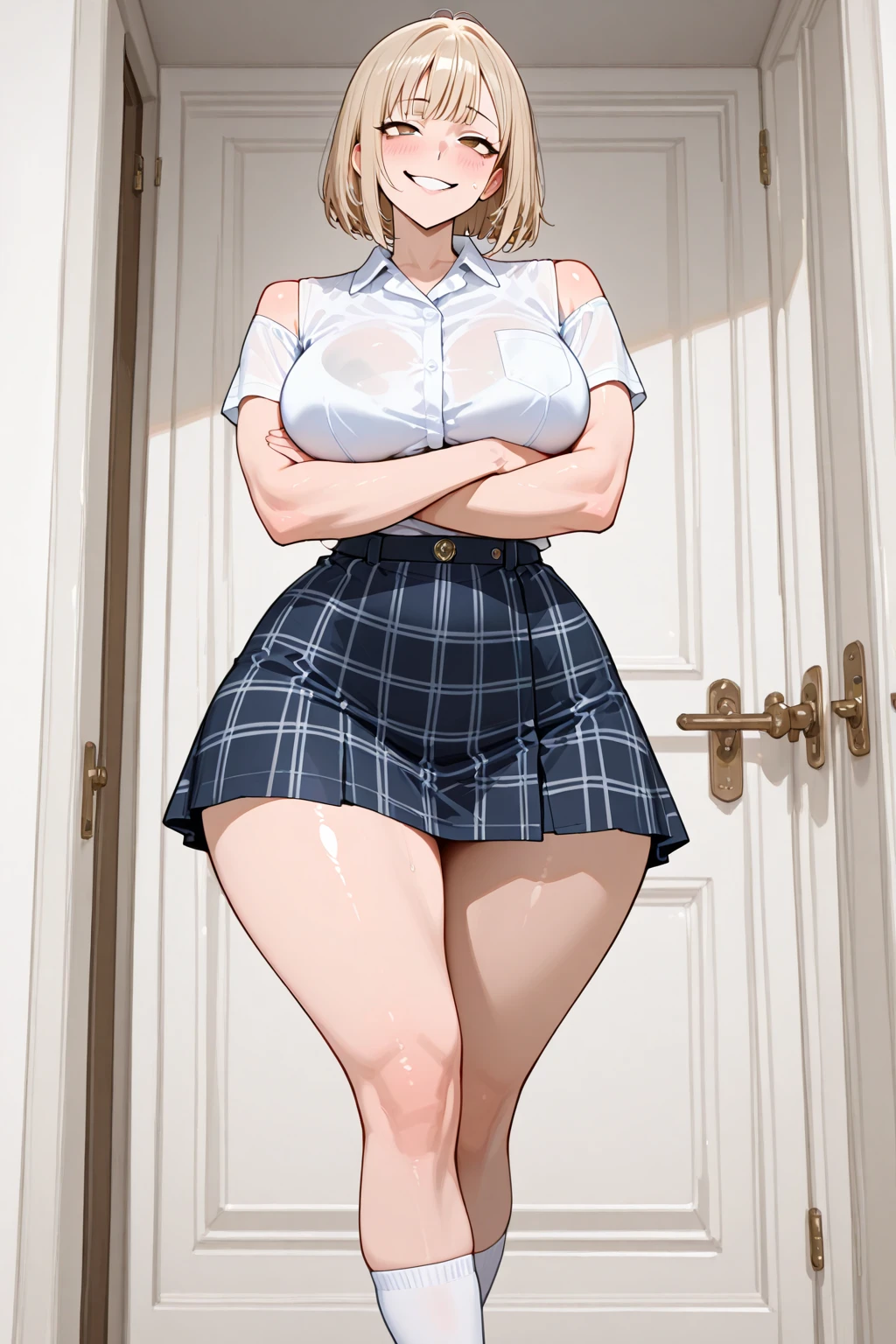 Best quality at best， A high resolution， and 18， 1girll， Android 18， 独奏， eBlue eyes， blond hairbl， thongs， denim pant， the pearl_necklace， bangle， black glove， white  shirt， short detailed hair， short- sleeved， 耳Nipple Ring，black pantyhoses， Black shirt， Denim skirt， Striped long sleeves， blue skirts ， Open the vest， black tanktop，big cleavage breasts， （废墟：1.3）， Lie down， from back， hindquarters，The reveal panties（（（（（Open legs： 1.8））（（（Large breasts： 1.4）