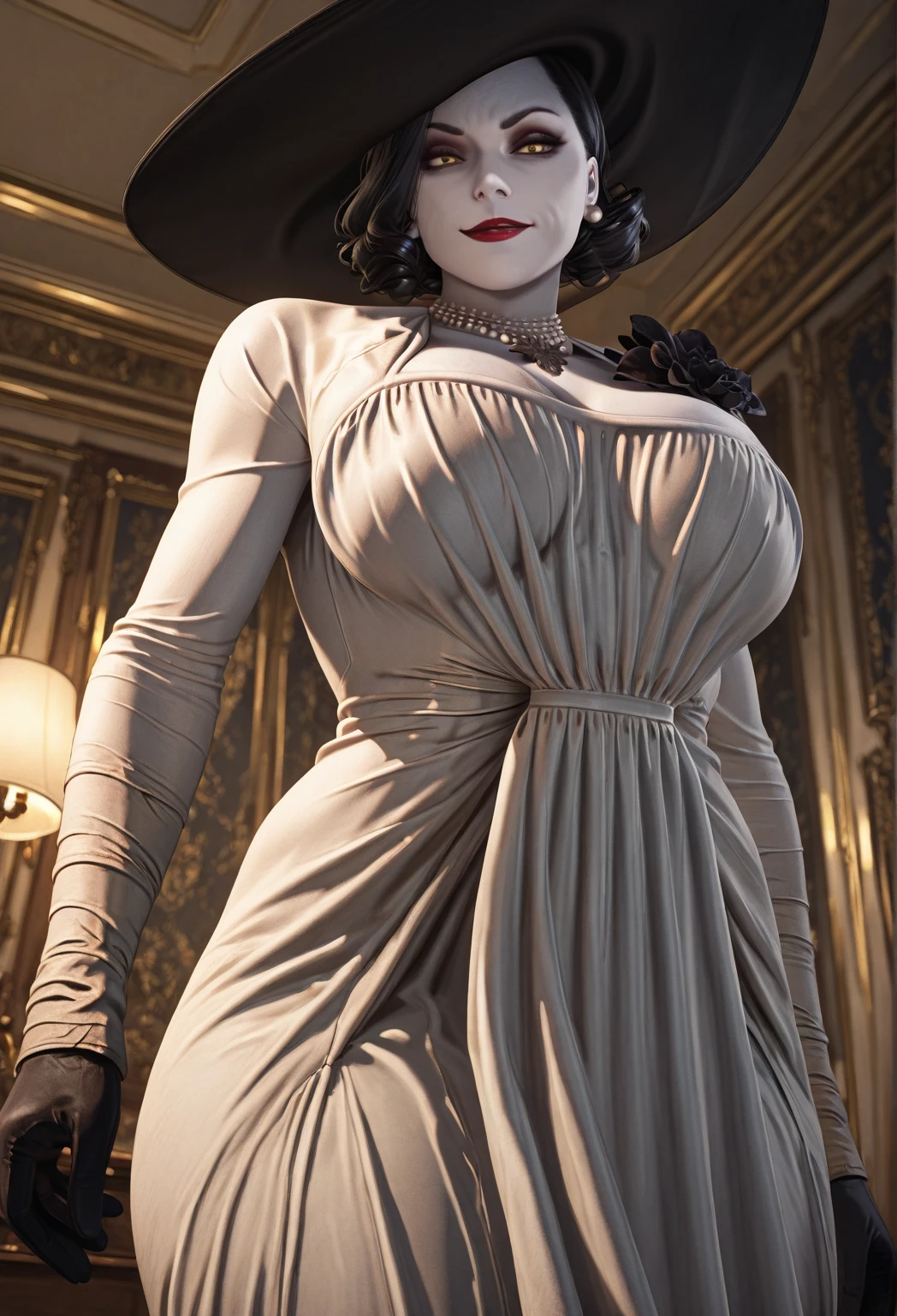 a close up of a woman in a dress and hat with finger claws, lady dimitrescu, lolth, albedo from overlord, albedo from the anime overlord, abigail larson, succubus in sundress portrait, official character art, commission for high res, yoko taro, cushart krenz key art feminine, render of april, more details