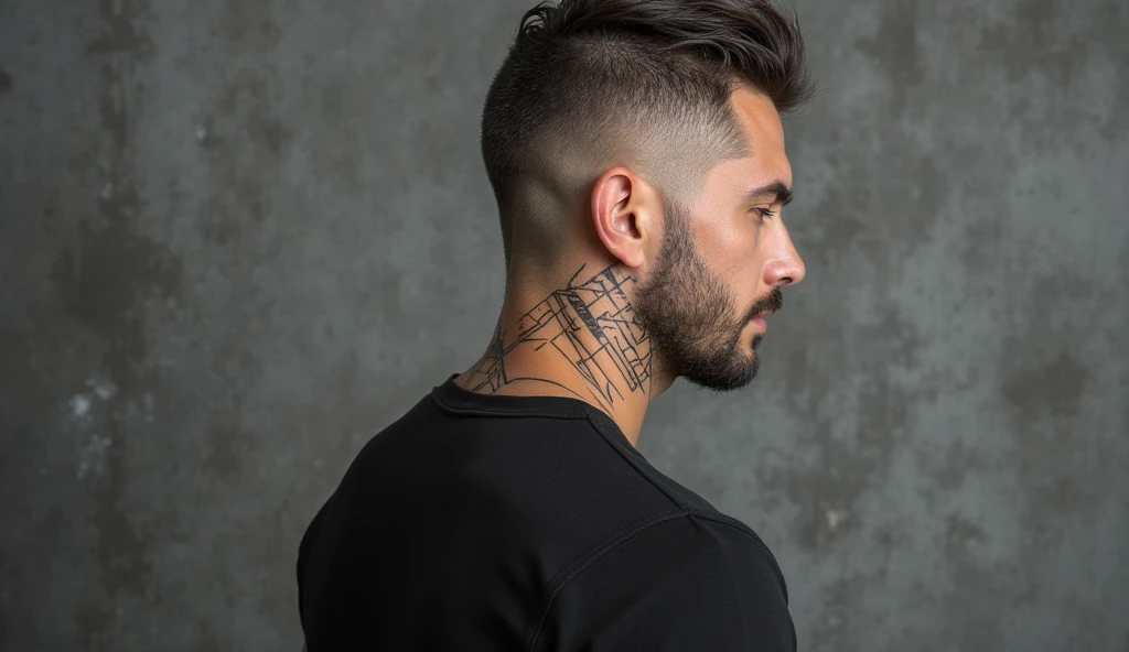 Young white man, 17 years old, black hair, military haircut, fixed green eyes, sharp features, no facial or body hair, height 1.90, weight 93 kg, aesthetic build, tattoos in the forearms, broad shoulders, wide back,V-shaped body, perfil entire body view, 