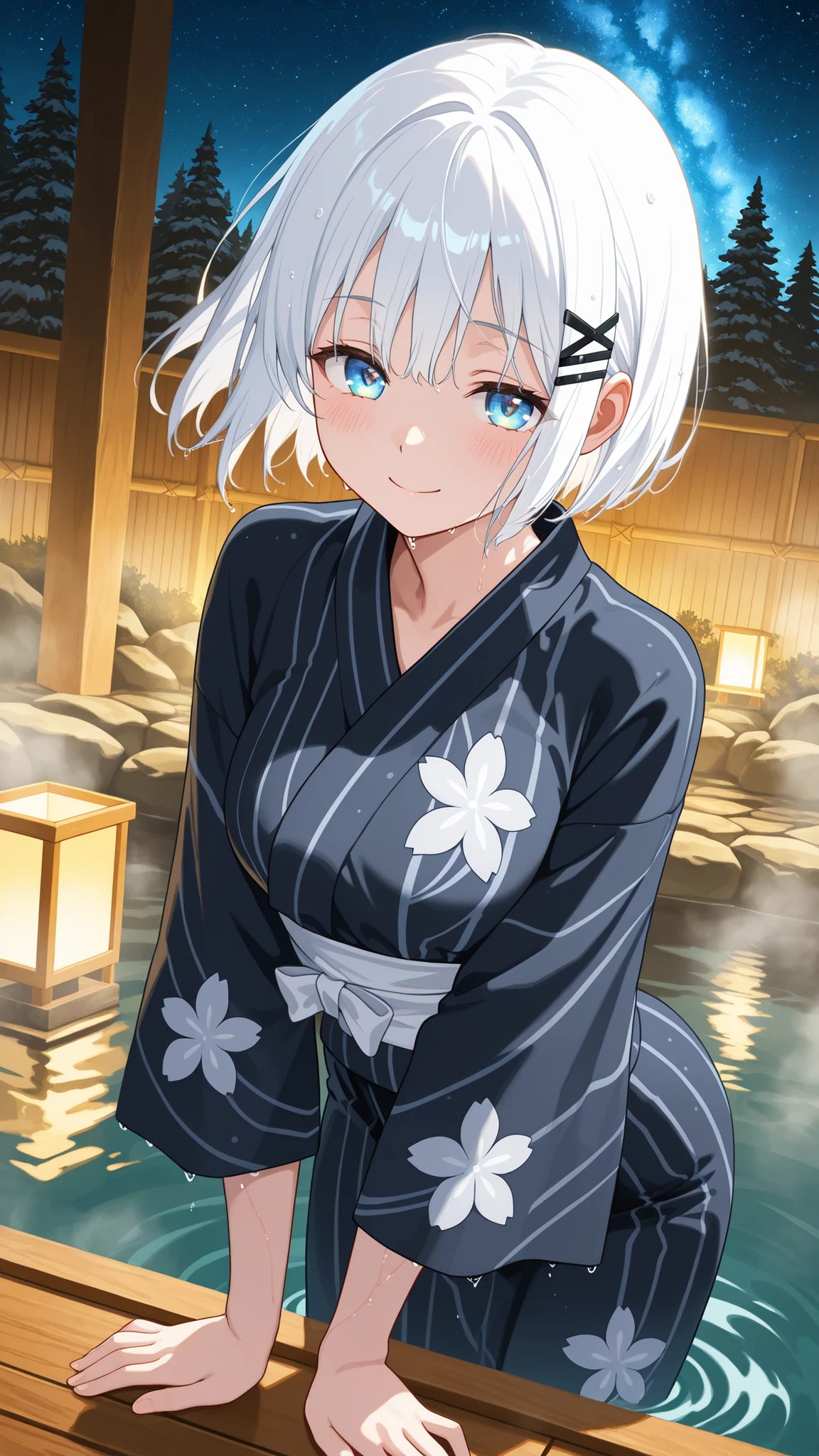 BREAK (masterpiece:1.2), best quality, high resolution, unity 8k wallpaper, (illustration:0.8), (beautiful detailed eyes:1.6),Traditional outdoor Japanese onsen at night, surrounded by natural rocks and pine trees, warm steam gently rising from the water,The sky above is filled with countless stars and a glowing Milky Way, reflecting softly on the surface of the hot spring, Wooden lanterns provide soft, warm lighting around the bath, casting gentle shadows, The atmosphere is serene, peaceful, and magical, cinematic and ultra-detailed, with rich textures and realistic lighting,siesta, short hair, bangs, blue eyes, hair ornament, white hair, hairclip,black yukata,flower ornament yukata,white belt,raised hips,blush, seductive expression,floating hair,looking at viewer,cowboy shot,from above,wide-angel,smile,wet hair,arched back