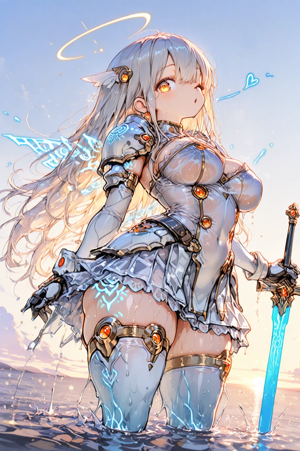 Ice archer girl, holding an ice bow and arrow, white dress with giant moving bands, long white hair, reflective light blue eyes, delicate face, full body, medium breasts, big ass, blue markings on her face, blue sky with sunset lights, (ultra-realistic), {extremely detailed 8k CG unit wallpaper}, expansive landscape photography, (a far angle view with focus on character and setting), (wide open field view) , (low angle shot), (high light: 1.3), (low light: 1.0), (warm light source: 1.5), complex details, (iridescent colors: 1.9), (bright lighting), (atmospheric lighting) , dreamy, magical, badass