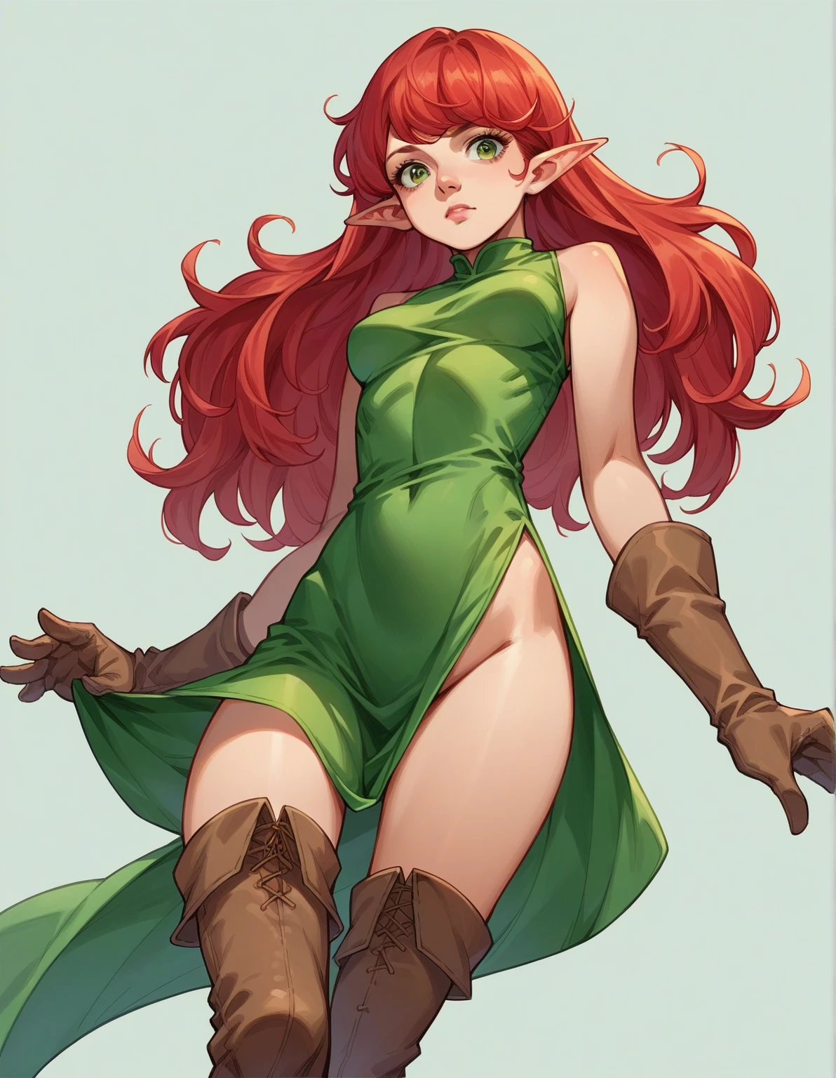 ((masterpiece)),((best quality)),(character design sheet, same character, front, side, back), illustration, 1 sensual woman, red curly hair color, very beautiful, super detailed, realistic, bright green eyes, ambient change scene, Fax, Zitai pose, Female, bikini, Charturnbetalora, (single background, white background: 1.3), --6
