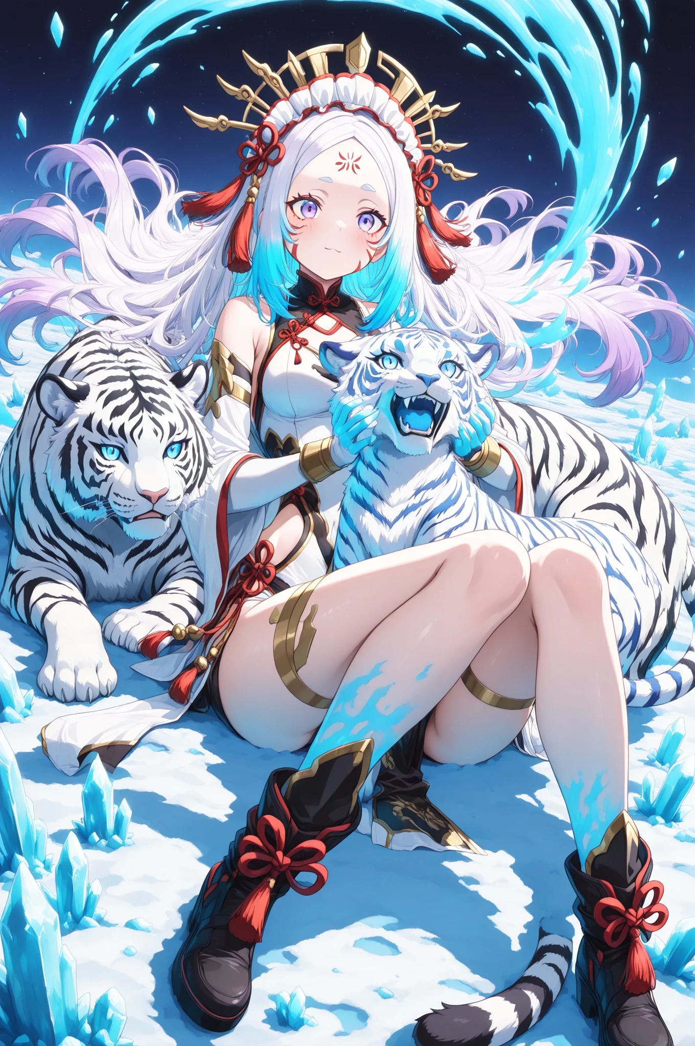 A female warrior with angel wings, Long white hair, dynamic pose, facing at the camera, Girl 14 years old, Standing next to a ferocious white tiger, Wearing only a tights made of fantasy character fishnets, White lace bra, Extremely detailed beauty, busty figure, Prominent breast curve, With an evil hungry look on his face , fair skin snow, Bank art stickers, Holding an exquisite golden spear, seele, Digital illustration, Manhwa Style, white steampunk, perfect anatomia, centre , near-perfect, dynamic, The is very detailed, aquarelle, art stand, concept-art, The soft, Focus sharp, Illustrations by Carne Griffiths and Wadim Kashin, provided by zer0pixels.