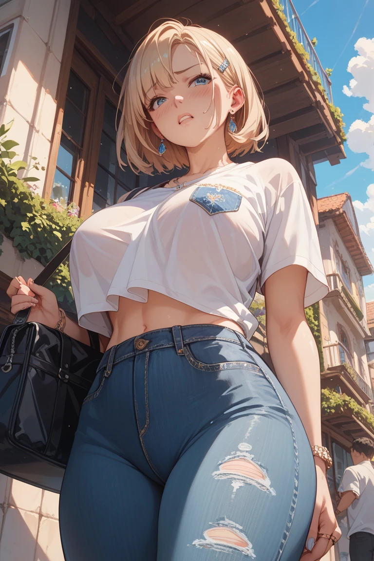 1girl, short blonde hair, blue eyes, wearing light blue snapback cap, wearing white crop top t-shirt, wearing denim jeans, wearing black converse, big breasts, wide hips, thick thighs, full body ,high res, looking at the viewer, standing, ultrasharp, 8k, masterpiece, realistic, vivid colors, natural lighting, detailed face expression