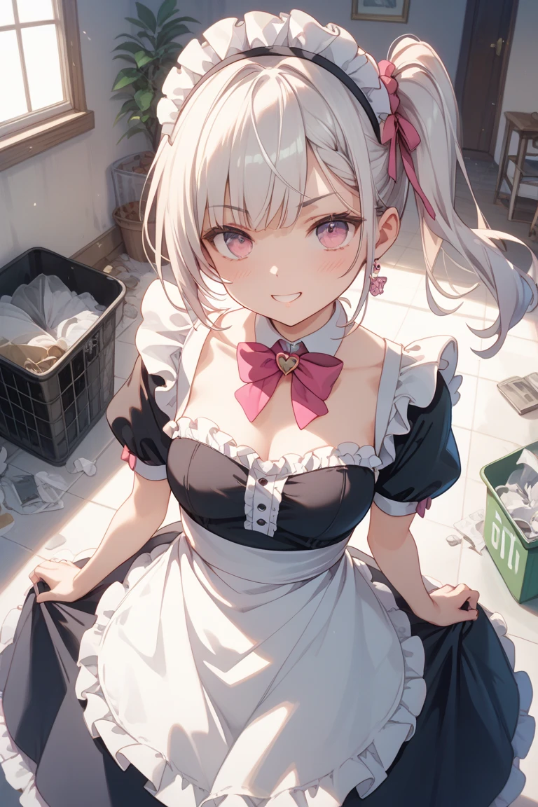 (highest quality:1.2, Very detailed, up to date, Vibrant, Ultra-high resolution, High Contrast, masterpiece:1.2, highest quality, Best aesthetics), Portraiture、girl、singer, solo, ((25-years-old:1)), Bright colors, Beautiful fine details、Beautiful lip detail、medium wave hair、red and white ((streaked hair:1.6)), highlights hair: 1.5, red eyes, slim body, medium breast, (tan skin:1.1), (Floral Fineline tattoo design on left arm:1), Japanese sexy Maid costume, cat ears, (cat whiskers:1), cat makeup, in Maid Cafe, ((leaning forward:1)), cowboy shot,