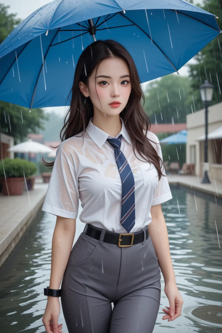 (masterpiece, highest quality:1.2), 8k, 15 years, 85mm, Official Art, RAW Photos, Absurd、((Under a big tree in a natural park:1.4))、((Rainfall:1.4))、((Dark rainy sky in the evening:1.4))、Pretty face, close, ((Cowboy Shot:1.4))、Beautiful girl with straight medium long hair,(((High School Girl Uniform 1.4)))、(((White short sleeve low cut button front shirt、Dark blue ribbon:1.5)))、((White shirt:1.4))、((Ultra micro mini dark blue pleated skirt)) Squeeze the waist, Thighs, Short sleeve, Model pose、View your viewers, No makeup, (smile:0.4), Film Grain, chromatic aberration, Sharp focus, Face Light, Bright lighting, Teen, Detailed face, Bokeh Background、((Blouse wet in the rain))、(Bra is sheer)、((Sad look:1.7))、