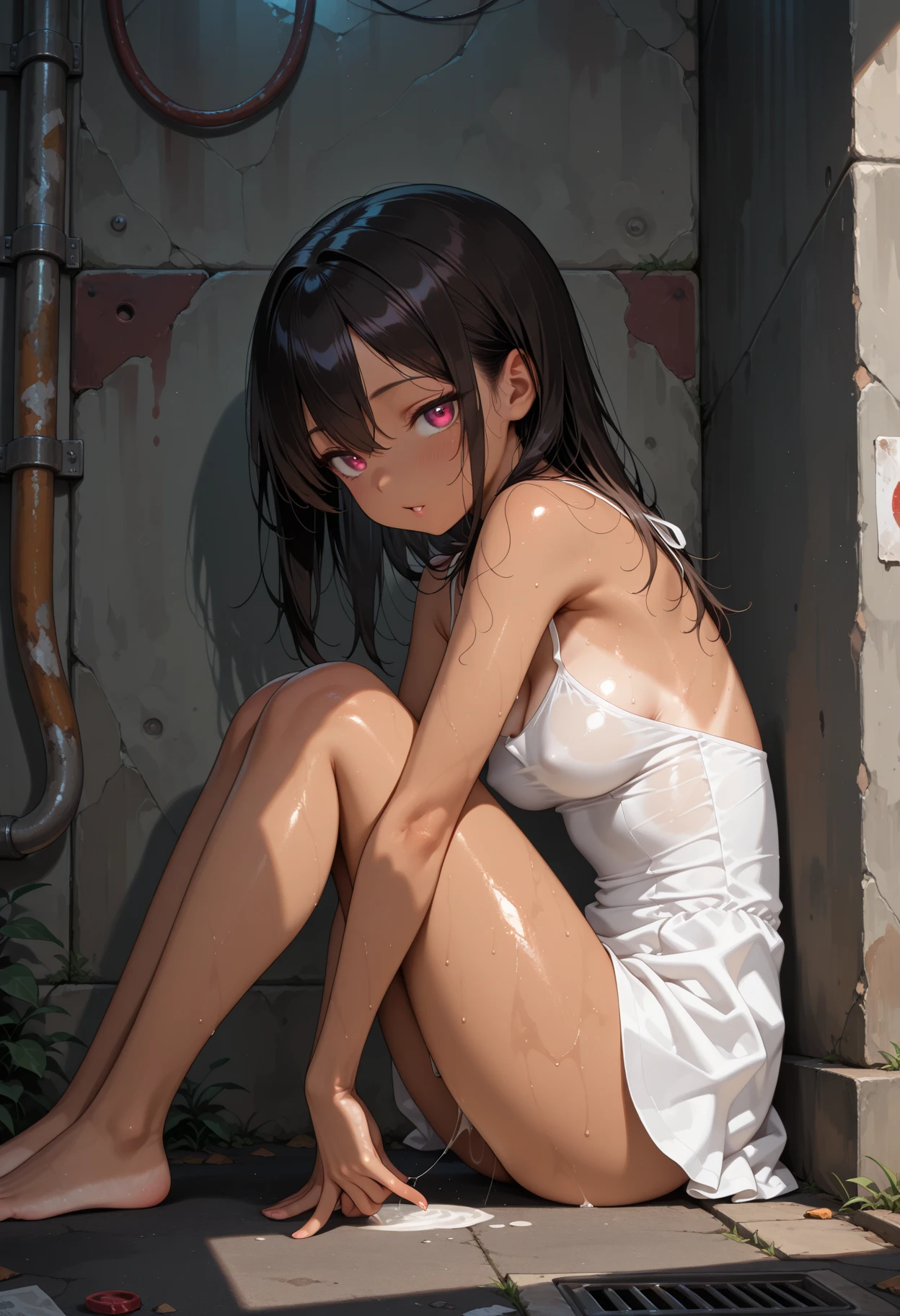 (masterpiece,Highest quality:1.3,best quality illustration),realistic,cowboy shot,1woman,30 year old Japanese beauty,Special Forces Female Soldier、((very small head:1.2)),brown short bob hair,bangs,brown eyes,gorgeous eyes,shy,tears,small breasts,((very long body:1.2)),((toned body,slender body,skinny,tan skin)),naked,nipples,navel、vagina,Wet crotch、Love juice、gleaming skin,shiny skin,sweat:1.3,squatting,spread legs:1.3,Simple bed、A cluttered bedroom、ruins、night、