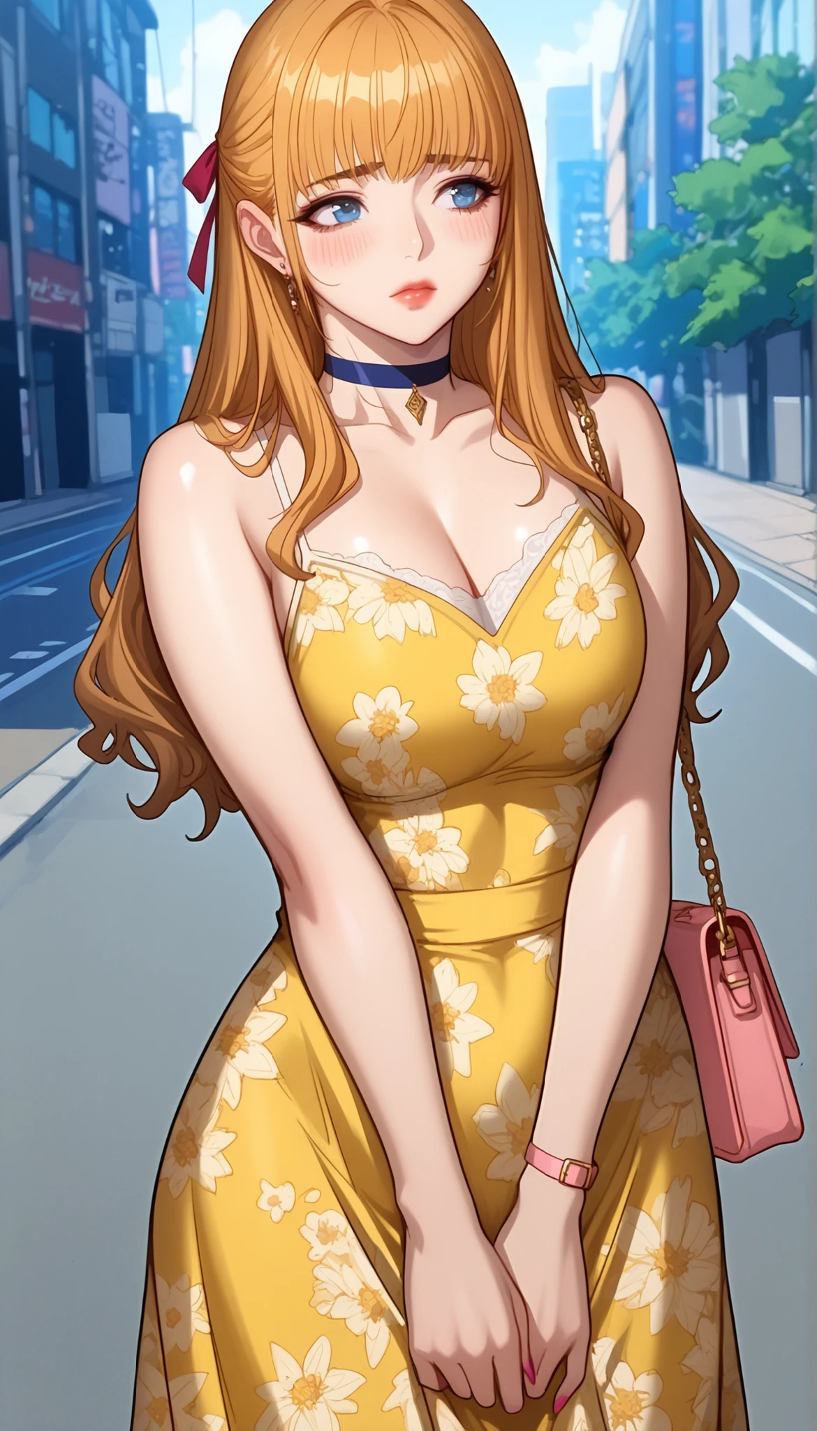 (PONY XL) Liya - FITNESS [ MANHWA], gorgeous pretty adult woman with orange-blonde long hair, forehead hair bangs, big blue eyes, fair natural skin, pink nails, small yet slightly plump breasts, small waist, plump light-red lips, and a perfect slender body. She's wearing a revealing yellow floral dress with spaghetti straps and a U-neckline, a choker, and one hair ribbon. She's standing on a street, hands joined low in front of her skirt, carrying one strappy purse over one shoulder, shyly blushing expression, eyes darting to the side. Show from her head to knee, SOLO, and super hyper-detailed.