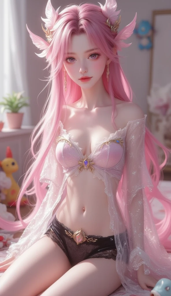 Light blue and red color scheme，pink nipple，little body，Petite，White curly hair, high detail, best quality, supper detail, detail eyes, pink pussy, simple dark background, 5/6 body, hair over nipple, black necklace, gothic
