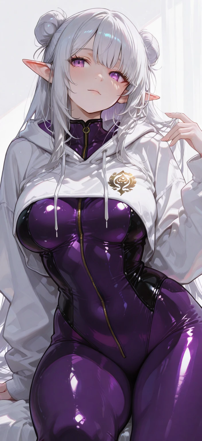 Adult woman with long white hair, Huge breasts, gray skin,Demon horn,Purple Eyes,White top,Abdominal muscles,Bare arms,Hood cloth,Bare legs,barefoot