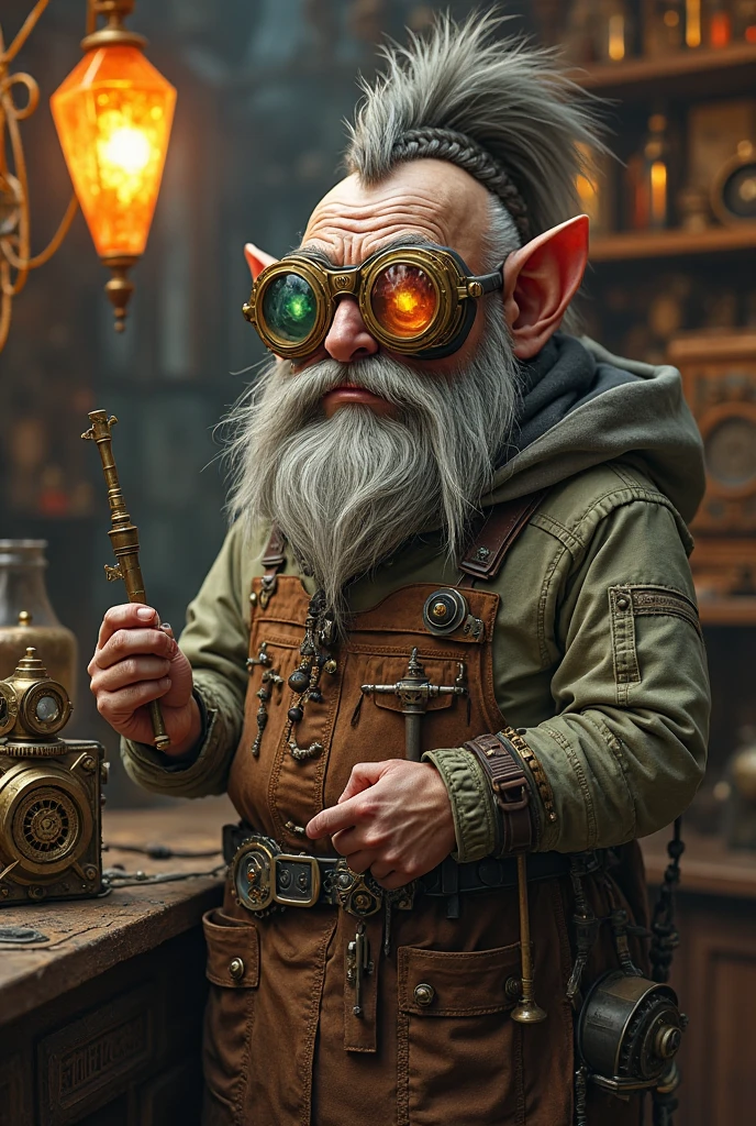 a bald dwarf with a uranium symbol tattoo on his head, wearing a hearing aid, constructing a large missile in a workshop full of clocks, smoking a cigar, intricate details, hyperrealistic, 8k, dramatic lighting, gritty, industrial, cyberpunk, moody colors