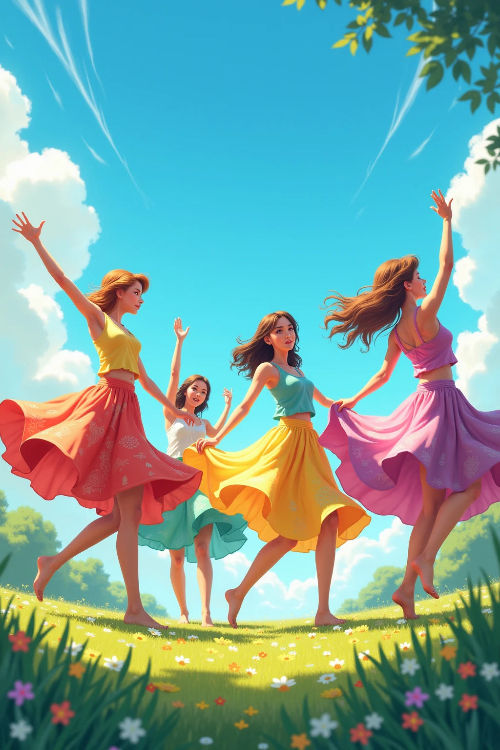 Create a colorful and cheerful invitation for a Mary Poppins themed ballet performance. Include elements such as umbrellas, children, ballet slippers and clouds. Leave a blank space to write the date, Time and place.