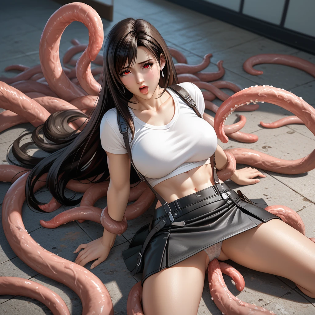 (((White string bread、Panties shifting、panties aside)))、laying on back、nsfw、masterpiece、top-quality、Ultimate Details、ultra-detailliert、Ultimate detail、beautidful eyes、beautiful hairl、Beautiful skins、Dutch Angle、perfect anatomia、hight resolution、1girl in、(View Viewer、red blush:1.4、elongated eyes、20yr old、toppless、Colossal tits:1.4、Beautiful nipples 、big areolae:1.5、shinny skin:1.4)、ultra detail face、Tifa_lockhart、(Suspender Black Skirt、thigh-high socks、Black knee-high socks 、Absolute Area、elbowgloves、 Black Elbow Gloves、Red Ankle Boots)、Leg straps、A dark-haired、swept bangs、length hair、Flapping hair、red eyes、focus girl、((blow job)、Huge tentacles in the mouth、Giant tentacle、Giant tentacle deep throat、suspension、Two-hole insertion、huge tentacles、Huge tentacle sex、Large tentacles in the vagina、Multiple tentacle sex、Multiple tentacles in the vagina、Tentacles filled with background:1.5、Tentacle hole、Tentacle Sex、Tentacle climax、Tentacles entangled in the arm、Tentacles entangled in the paws、((Tentacles tighten the chest))) 、opening legs、Semen overflowing、(Semen excess:1.2)、Oral firing、vaginal、s ass、facial cum shot、on the chest、Cums in the body、Excessive、