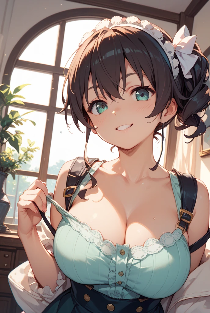 nsfw:1.5,Highest quality、In 8K、masterpiece、Hmph、Ultra-high resolution、RAW Photos、(Realistic:1.3)、Natural soft light、(Written boundary depth)、thin、(whole body:1.2)、From behind、Detailed face and eyes、Realistic、Sharp pupils、Inside the warehouse、Young Face、High school girls、Beautiful Girl、Glowing Skin、(ponytail:1.2)、Beautiful brown hair、Red Eye、(blush:0.7)、((Embarrassed face:1.2,blush:1.8))、Sweat、(Thighs Thighs Thighs Thighs:0.8))、((Huge Breasts:1.8)、Erect nipples)、(Small Nose、Small Nose)、Attractive waist、(Overflowing sexual fluid:1.5)、((Light green sexy lingerie:1.5))、Dynamic pose:1.5、(I want to see up to my knees:1.5)、Top view