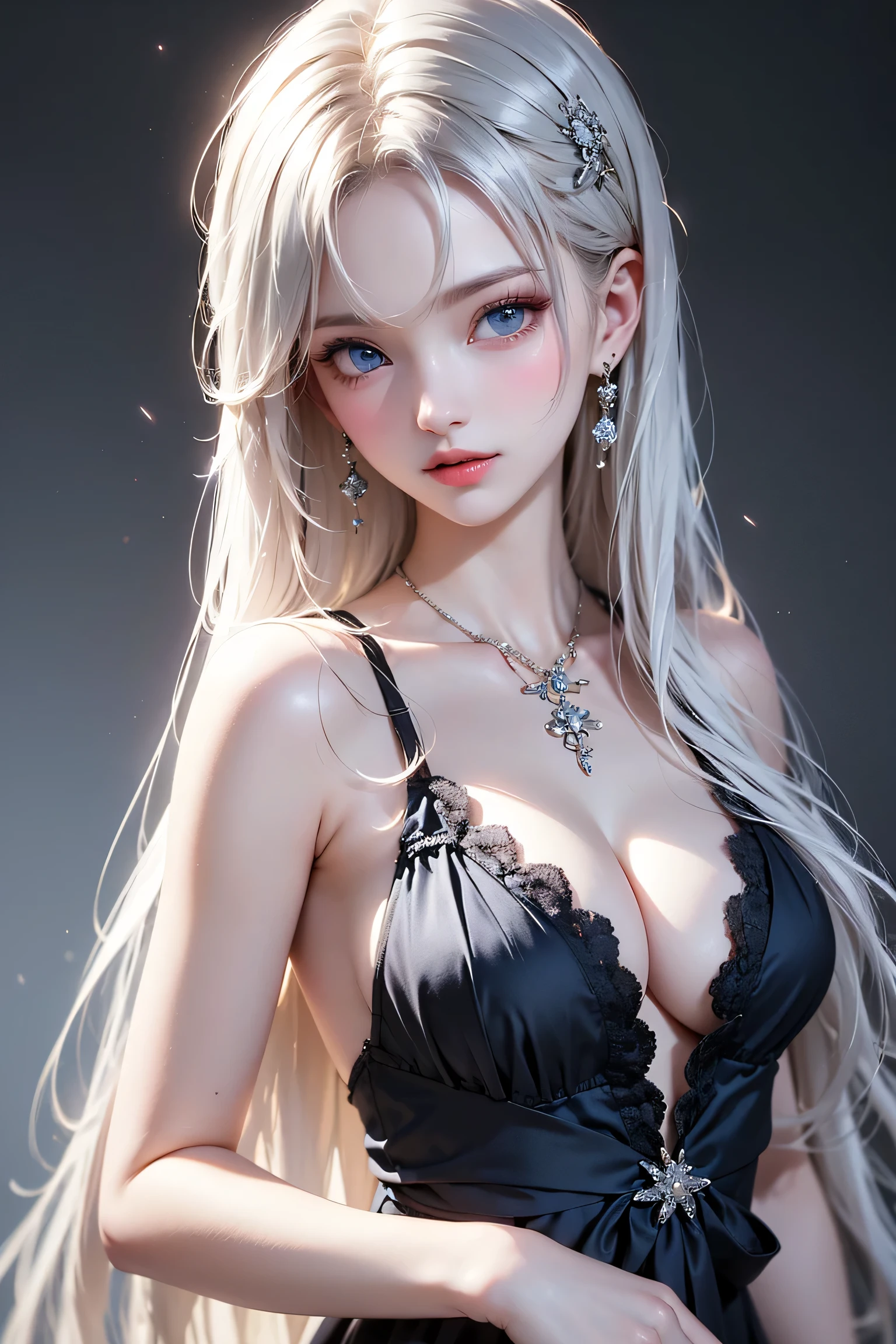 Photorealistic, High resolution, softlight, 1girl in, Solo, hips up high, Blue eyes, (silvery white straight long hair), Red lips, black lace sexy lingerie, hips up high, Jewelry,