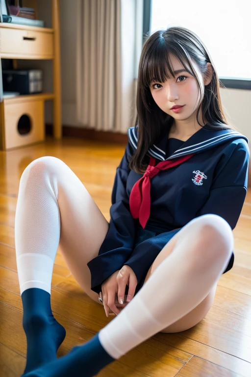 Highest quality,masterpiece:1.3,Ultra-high resolution),(Ultra high definition、Caustics) (Photorealistic:1.4、RAW shooting、)Ultra-realistic capture、Very detailed、Natural skin texture、masterpiece、(Junior high school sailor uniform:1.3)、One Japanese girl、Adorable expression、Happy expression、14 years old、Young face、Amazingly cute、Twin tails、Curly Hair、Black Hair、Scrunchie、Thinning、Medium breast、Junior high school classroom、Shining thighs、Summer sunshine、smile、An inviting gaze、Cowboy Shot