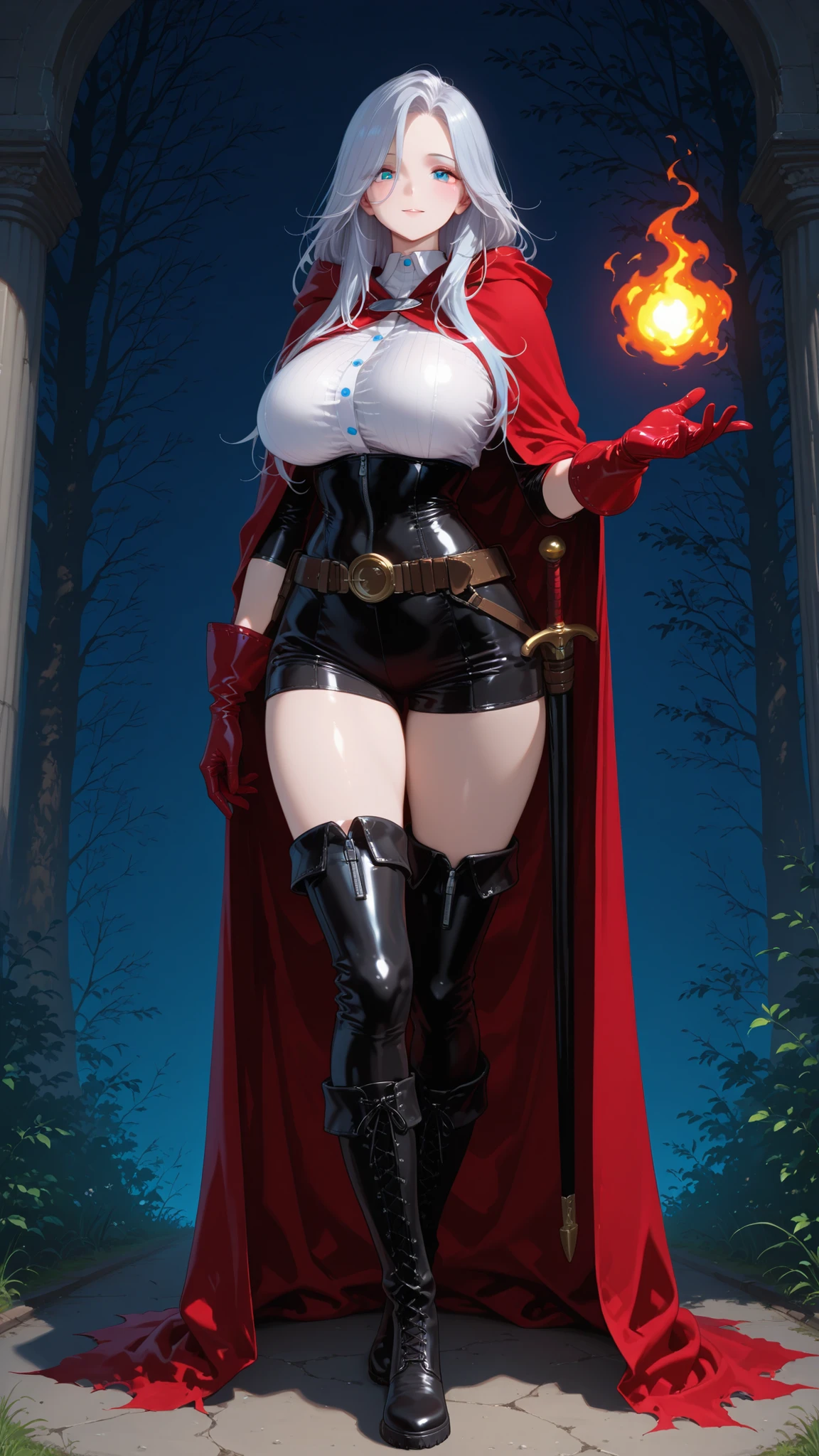 (best quality, masterpiece), vibrant colors, adult woman (((kiernan shipka)), sensual skinny "red riding hood", thick eyebrows, long red cape, very short blonde hair, dark forest at night, (nsfw:1.5), (undressed:1.4), nasty, lewd, provocative, nudity, gorgeous, pixar, very pale skin, large wide hips, sensual, seductive, provocative, (covered chest:1.1), covered breasts