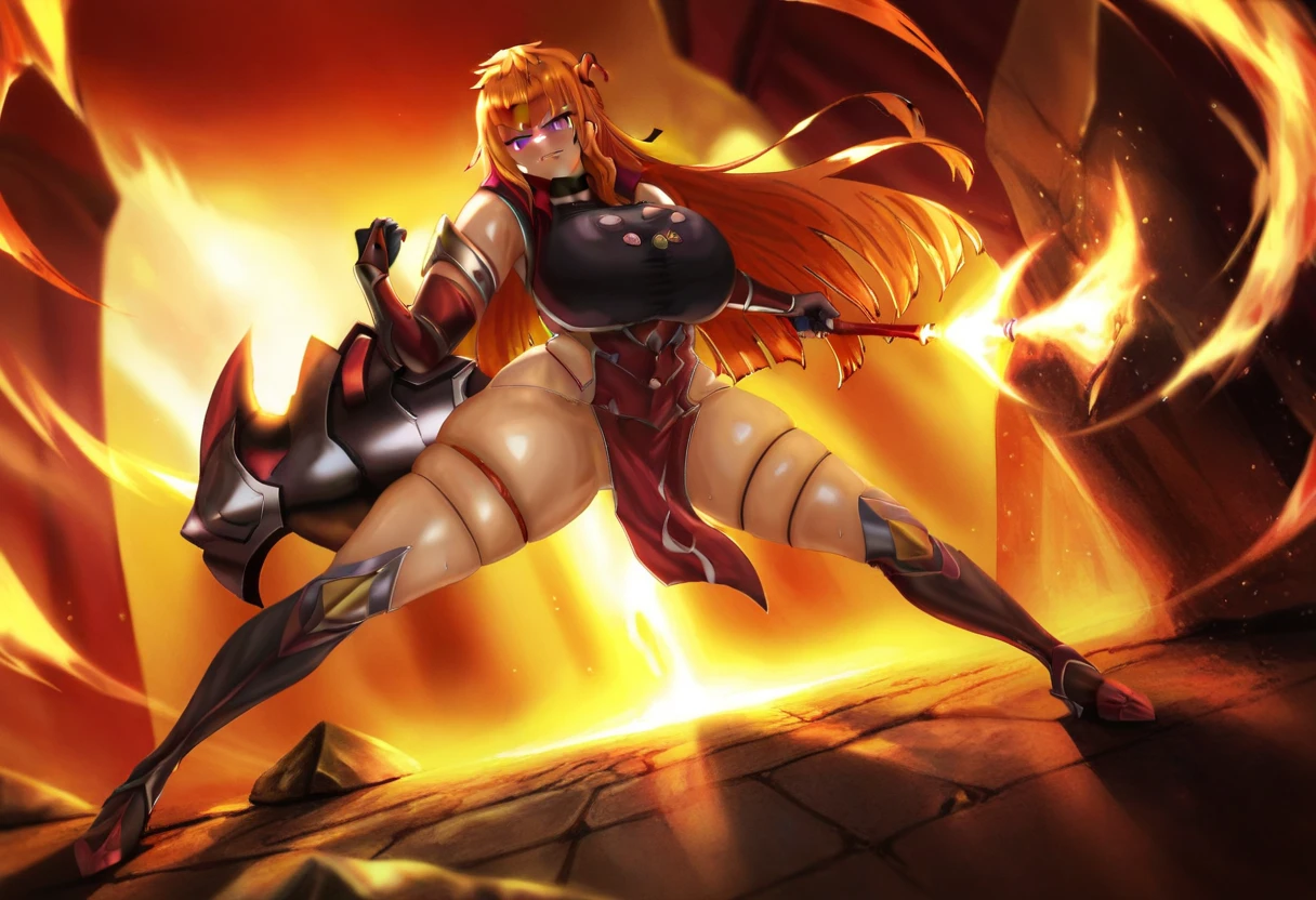Create a Gorgon with red hair and big breasts her cause is red and long, your face is beautiful and angelic, A golden mask covers his face at the top and his eyes on his helmet, and red armor over his slender, muscular body, she has big breasts and ass 