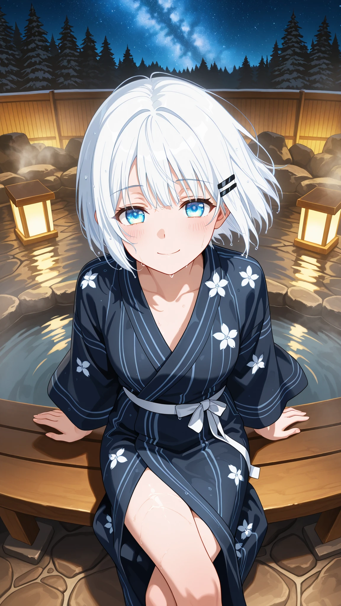 BREAK (masterpiece:1.2), best quality, high resolution, unity 8k wallpaper, (illustration:0.8), (beautiful detailed eyes:1.6),Traditional outdoor Japanese onsen at night, surrounded by natural rocks and pine trees, warm steam gently rising from the water,The sky above is filled with countless stars and a glowing Milky Way, reflecting softly on the surface of the hot spring, Wooden lanterns provide soft, warm lighting around the bath, casting gentle shadows, The atmosphere is serene, peaceful, and magical, cinematic and ultra-detailed, with rich textures and realistic lighting,siesta, short hair, bangs, blue eyes, hair ornament, white hair, hairclip,black yukata,flower ornament yukata,white belt,raised hips,blush, seductive expression,floating hair,looking at viewer,cowboy shot,from above,wide-angel,smile,wet hair,sitting on bench,cross legs,feet