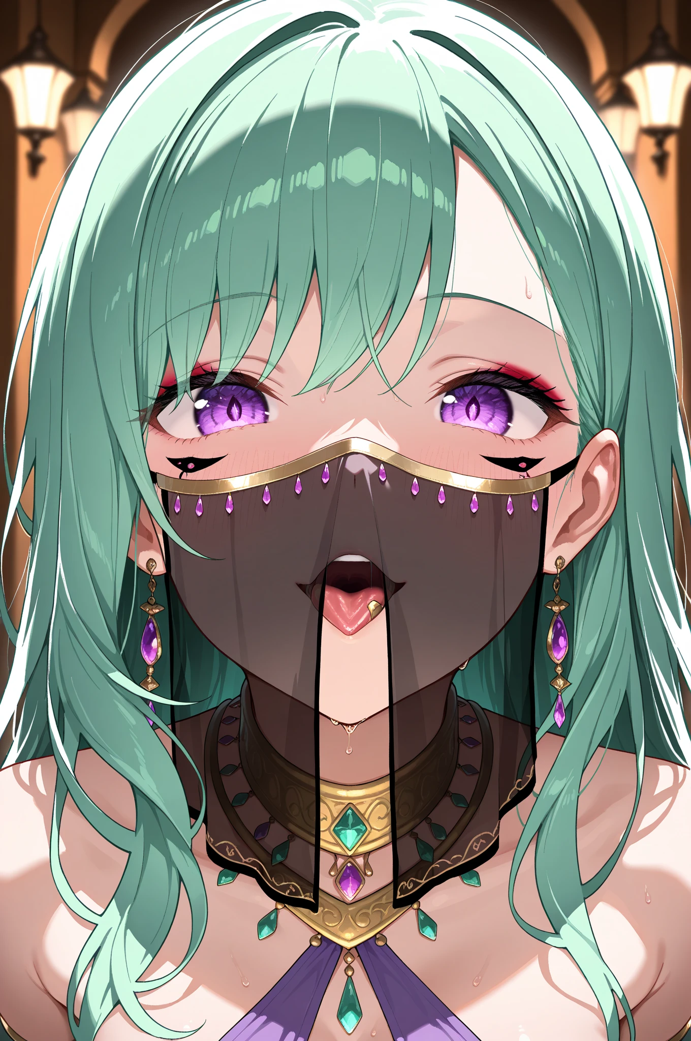 (masterpiece, best quality:1.2), 1girl, pov, fellatio_under_mask, mask,translucent veil, face closeup, from above