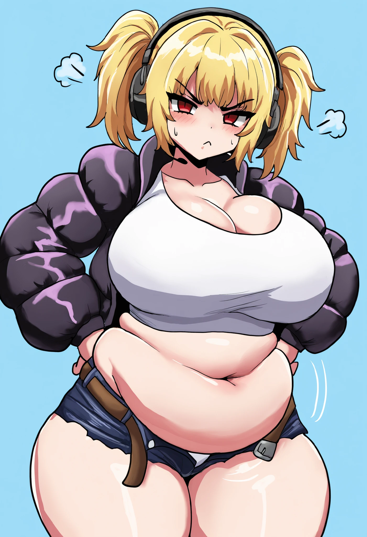 masterpiece, best quality, ultra-detailed, Potrait of beautiful , (chubby) (sexly), (plump), (sexly), ((tomboy)), (Plump), ((very short hair)), (boyish), (naughty), (young), (Short Hair), (pudge face), (Bad body odor), (Elegg), (purple eyes), (belly button), ((The eyes are hidden by the bangs)), (Sinister), (overweight), ((thick)), (belly buttonにピアス)