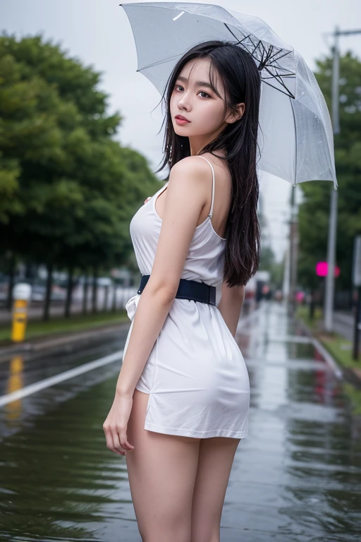 ((Best Quality, 8k, Masterpiece:1.3)), Focus:1.2, Perfect Body Beauty:1.4, Buttocks:1.2, (Layered Haircut, Big Breasts:1.2)), (Wet Clothes:1.1), (Rain, Street:1.3), Dresses: 1.1, Highly detailed face and skin texture, Fine eyes, Double eyelids, Whitening skin, Hip skirt