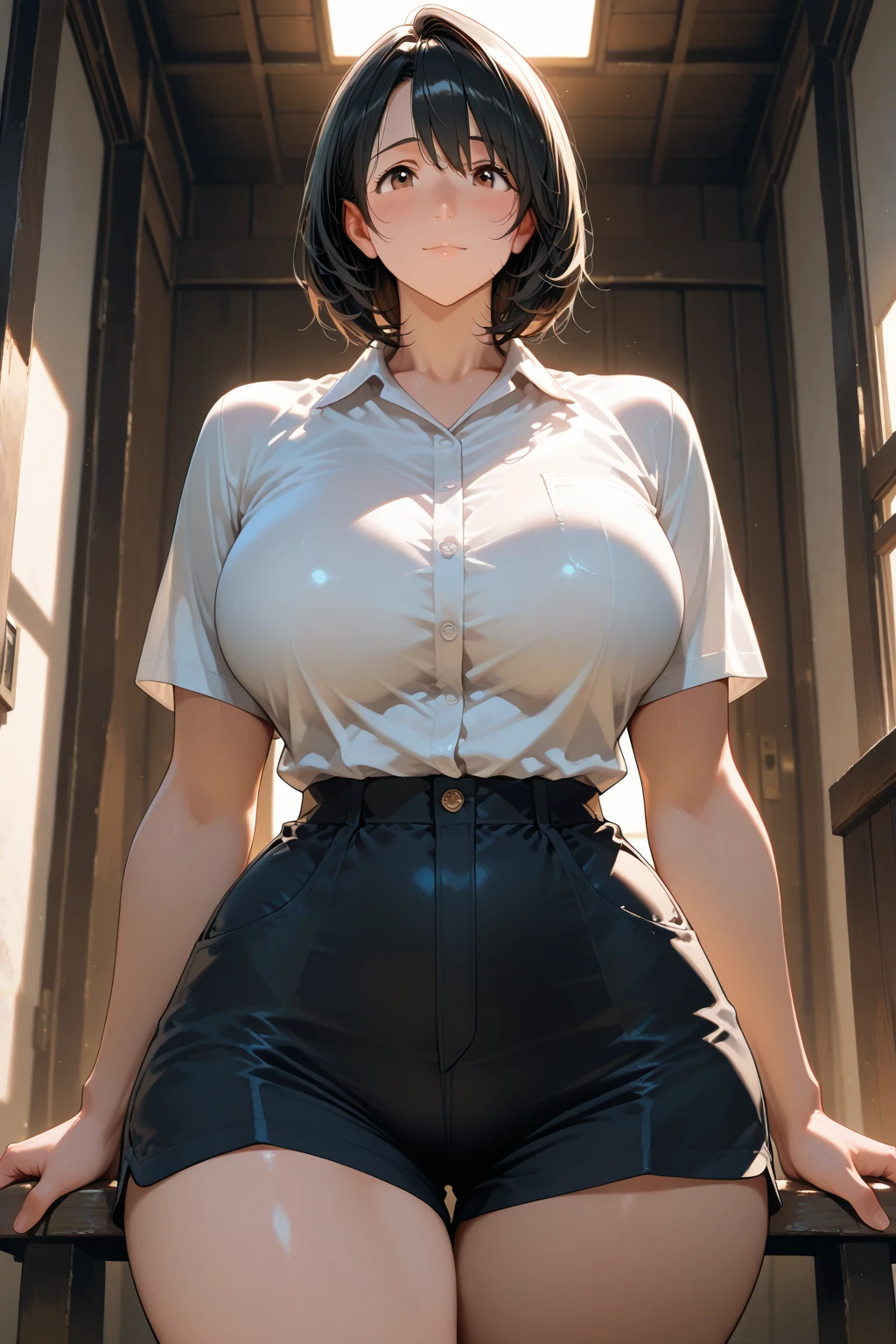 1 Girl、solo、masterpiece,highest quality,High resolution,Very detailed, (Oil skin:1.3, Glowing wet Skin、Detailed skin texture、 jewelry, accessories、Colorful contact lenses:1.3, necklace,White yellow pixie short hair:1.2)、Move the camera a little further away,
break、
(tmasterpiece:1.4), ((gigantic braests)), ultra - detailed, 1girll, brown color eyes, cabelos preto e longos,Wear a police uniform and a short skirt, the city street,sexyposture, The camera is close to the body