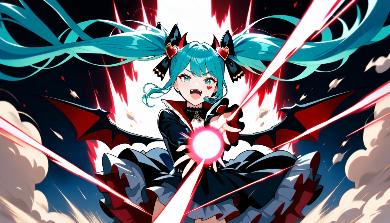 girl masterpiece, best quality, perfect detail, high resolution, vampiremiku, heart facial mark, fangs, aqua hair, twintails, heart hair ornament, hair ribbon, black ribbon, aqua eyes, black costume, Gothic Lolita costume, frilled skirt, middle , flat anime, energy ball, energy beam from outstretched arm , magic, dust,motion lines, speed lines, energy beam, detailed background, night sky, outside, flame effect, looking to the viewer, opening mouth, laughing,