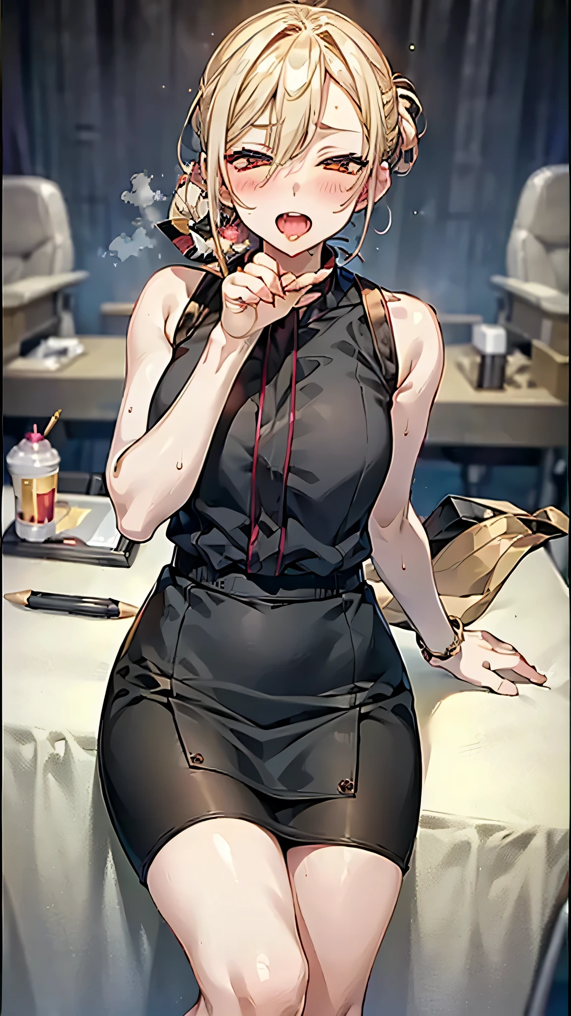 UHD, retina, masterpiece, accurate, textured skin, textured skin, oilty skin,high details, high quality, award winning, best quality, highres, HD, 4K, 8k, best quality, Sweat,Steam,Open Mouth,Stick Out Tongue,Drool,sleeveless,chignon,(((tight pencil skirt))),(((老人が後ろから胸を掴む))), Camel Claw