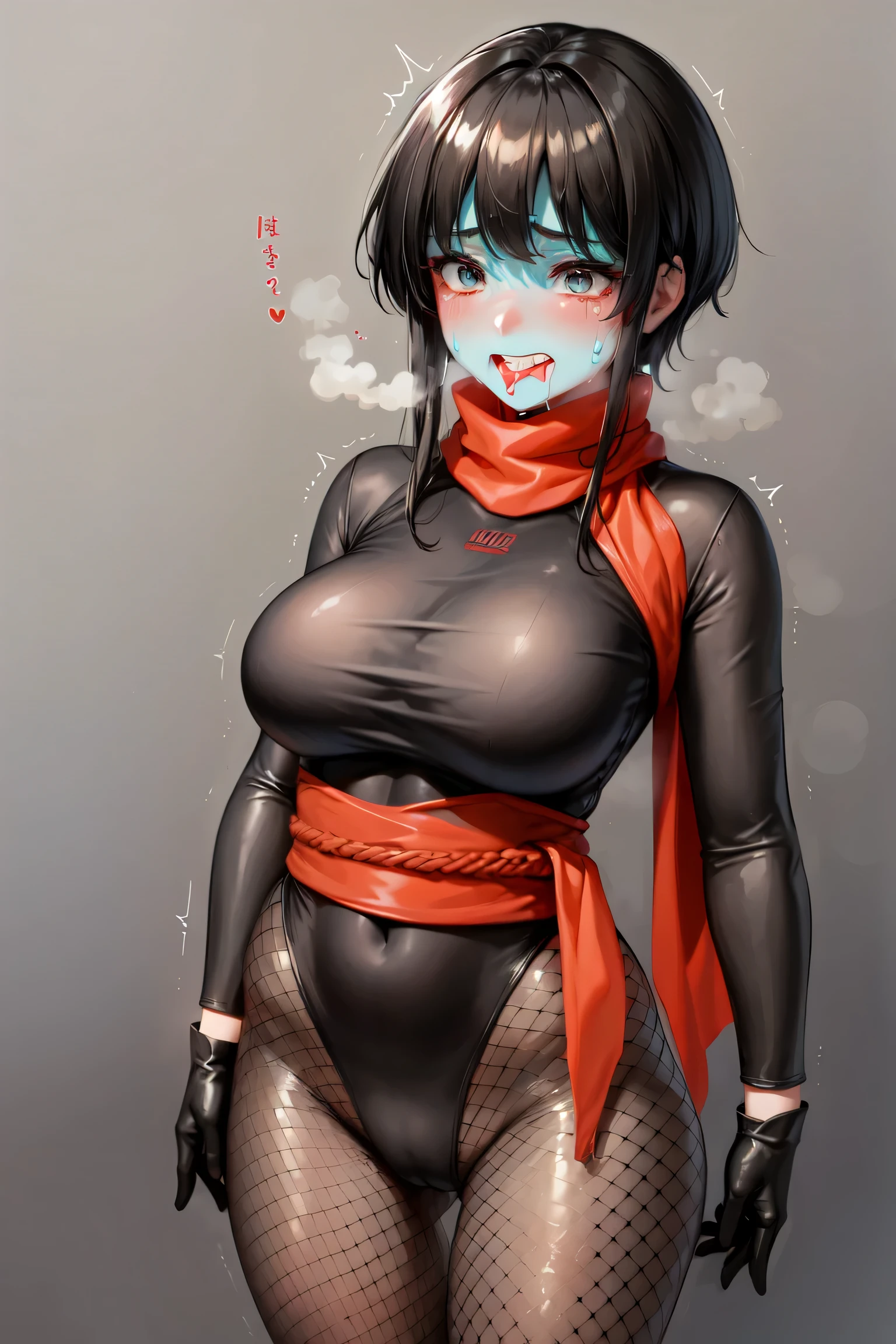 Blue skinned Japanese girl、Red face print on upper face and chin、Close-up of a girl in a black leotard、Black shiny leotard suit、Black boots、He has a red belt around his waist、Saiyan Girl, wonderful, Nano Girl, Female body type, Inspired by Hiromu Arakawa, Anime Manga Robot!! Anime Girls, Fubuki, Full Body Suit, by Hiromu Arakawa、wonderful, silk, Beautiful and attractive anime teen, Anime Girls of the future, tears,Drooling,Pee,Sweat,Tongue out,incontinence,Peeing,Mouth open and tongue out,Estrus,Eyes wide open,Estrus,Blushing,Nipples are erect,Face is hot,Lust、Mouth wide open and tongue sticking out、incontinenceして股間が濡れています、Crying face、Droolingを垂らしている
