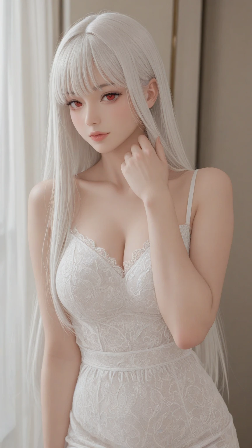 Silver-white beautiful girl with long hair,White Dress,flat chest,White skin,Stick out your tongue,Cute and playful,Girlfriend,slim body, big breast