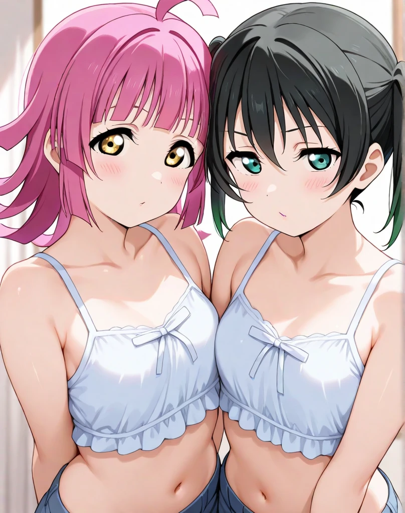 2 girls , Yukinoshita Yukino , Yuigahama Yui has a wonderful bust and hips...., waltz dance , In underwear,pink good,belly button,side-string panties,white bra、belly button,white panties,pussy line,thighs,butt,look at the camera,shy,blush,high angle,pin up