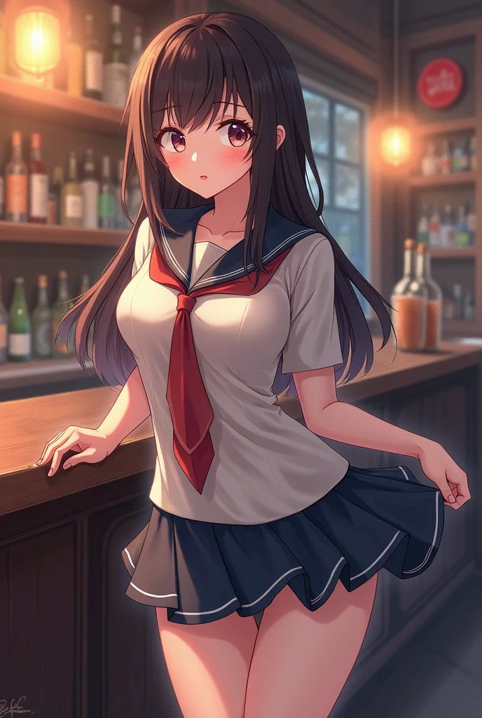 ((masterpiece,best quality)), highres, extremely detailed 8K wallpaper, depth_of_field, best shadow, (Colorful),(Delicate eyes and face), nice hand, Perfect hands, volumatic light, Ray tracing, BREAK
(1girl in), sixteen years old, hair: {Black hair, (Messy hair:1.2), Blunt bangs, long Hair, (Big hair:1.2)} Purple eyes, Sharp eyes, Big breasts, slender, skinny, Happy, blush, BREAK,
(wear white school uniform top over black playboy_bunny leotard:1.3), (sailor collar:1.5), (red tie:1.3), (fake animal ears), (Parted clothes at the top and bottom:1.2), (short sleeves:1.1), (black BunnyGirl Costume:0.8), (fishnet stockings:1.2), High heels, (rabbit_tail:1.2), BREAK,
Cowboy Shots, Looking at Viewer, stomach focus, inside the bar, Ultra detailed backgrounds,