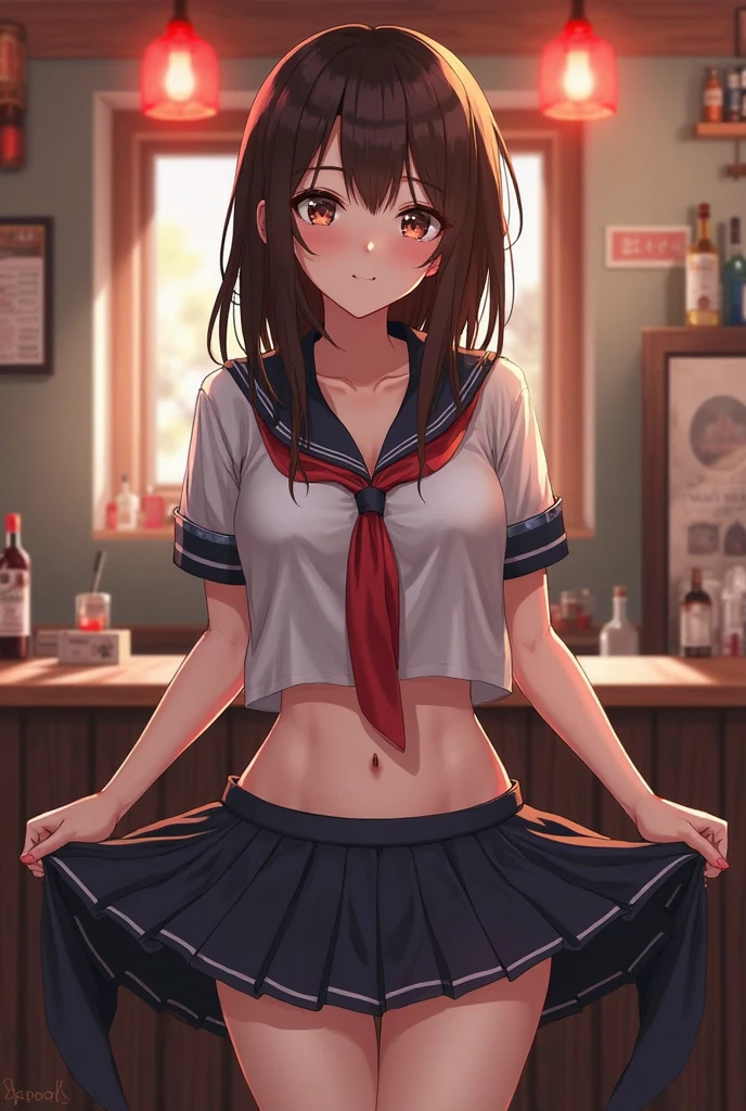 1 beautiful girl in a short red skirt and white shirt poses for a photo, anime girl, 1girl, single, solo, beautiful anime girl, inside the house, windows, dining area, dark brown hair, pink bangs, long hair, wavy hair, shiny hair, hair ornament, hairclip, star hair ornament, aqua eyes, glossy lips, embarrassed, blush, nervous, bright pupils, puckered lips, cleavage, low-cut chest, big round breasts, shows her breasts, highlights her breasts, thin waist, defined body, perfect body, beautiful thighs, thin legs, high detail, anime, dithering, image fill, perspective, Wide-Angle, f/1.8, 85mm, Nikon, 8k, super detail, UHD, retina, masterpiece, accurate, anatomically correct, super detail, highres, best quality, perfect pixel, depth of field, beautiful artstyle, detailed face, anime CG style, (good lighting), cheerleader, midriff, (from behind), bent over