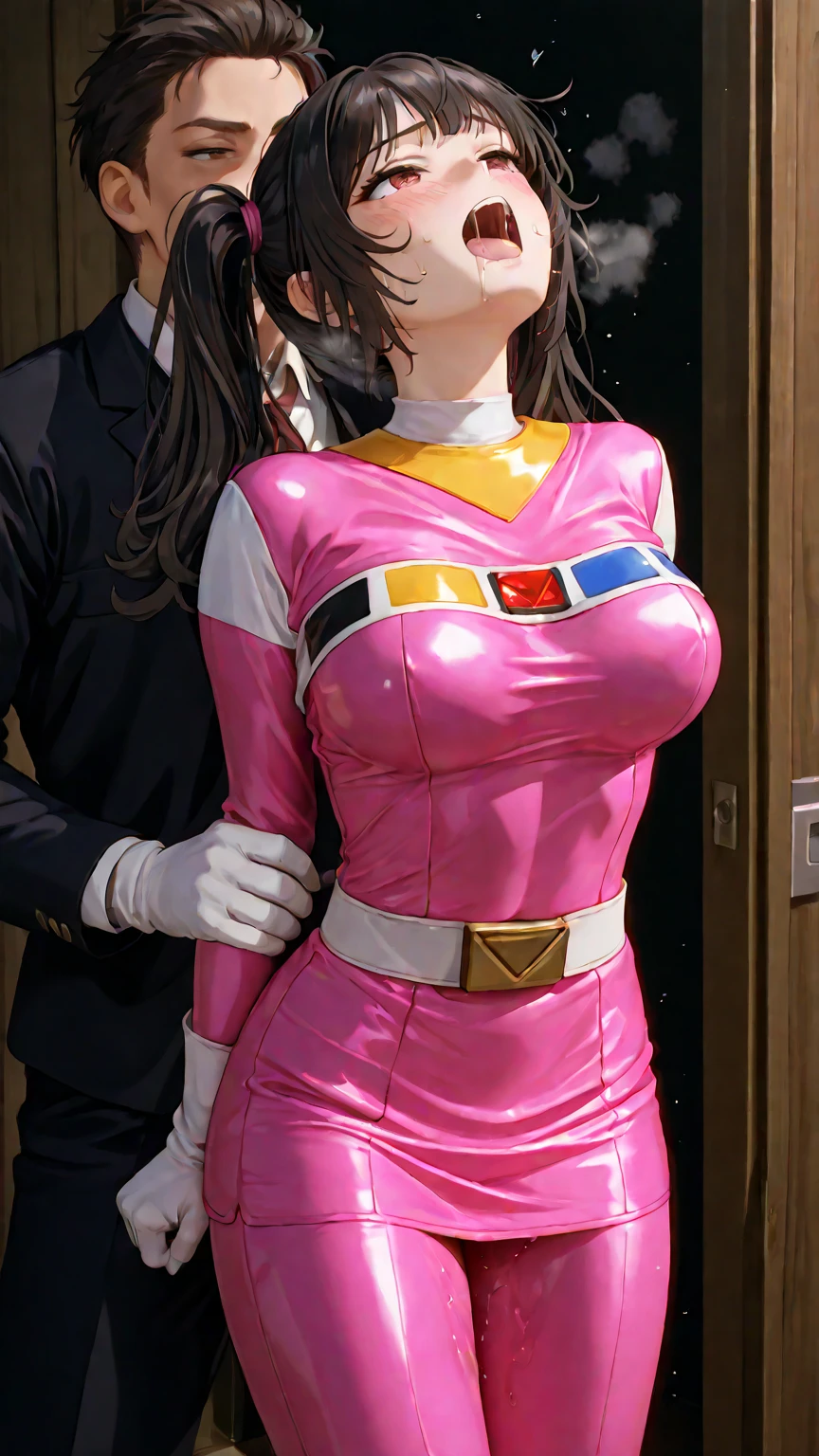 (8k, RAW photo, best quality, masterpiece, realistic, detailed face, detailed skin, warm color temperature, 1girl, solo:1.2), beautiful Japanese (skinny:1.3) girl, (opll:1.2), (short stature, height 148cm, petite:1.2), (short hair:1.3), forehead, brown hair, full body shot, front view, dirty skin, (PinkRanger:1.4), (huge breasts:1.4), skin tight, smile, shy, dulled colors, Walking down the chapel aisle