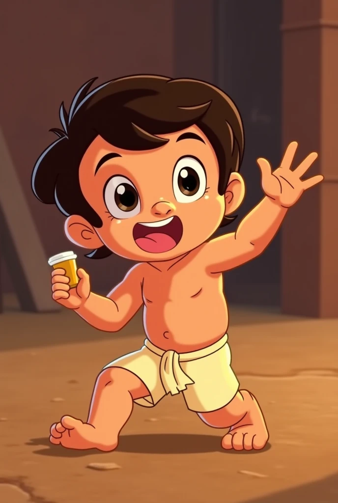 This image shows a cartoon character with the characteristics of the character Pinocchio in a cartoon style Pinocchio illustration, with big eyes, thick eyebrows, a soft nose, and a surprised expression. The character is naked, has a simple design, and has a small penis between his legs, lower abdomen area, in the bathroom is an illustration, Japanese anime style, especially for fun or funny content. 8k clarity, warm light, beautiful colors.