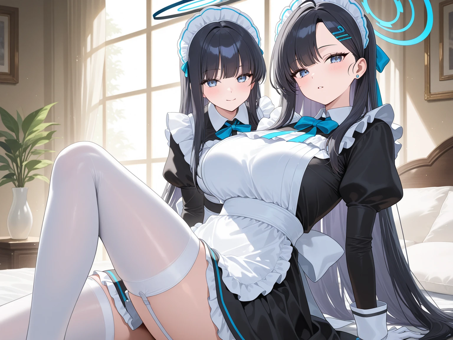 masterpiece, ultra detailed, 8k portrait, RAW photo, portrait photography, highly detailed face, beautiful and meticulous eyes, smile, dark blue hair, long hair, blue eyes, slender, white hair ribbon, (dark blue French maid costume:1.5), white tights, half boots, hands up, spread legs, (squatting over the other woman's face:1.5), by the old castle, in mid night, from below, (no panties:1.5), (realistic pussy:1.5), pubic hair, (peeing to the her face:1.5),