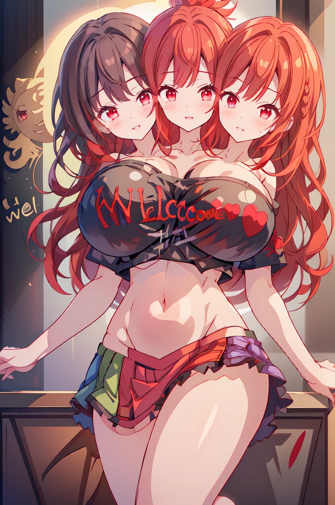 (masterpiece, best quality),best quality, (ultra-detailed), ((3heads:1.5)), 1girl, (koakuma:1.3), masterpiece, best quality, ultra quality, ultra resolution, ultra detail, white and black top, crop top, ((stomach)), midriff, ((groin)), black skirt, normal ears, shackles, red hair, (redhead), very long hair, wavy hair, sidelocks, red eyes, parted lips, open belly, sweat, cute, toned belly, hand on own chest, eyelashes, (24 year old woman:1.3), (masterpiece:1.5), (best quality:1.5), (beautiful detailed), extremely detailed CG, extremely delicate and beautiful, depth of field, (finely detailed face), (perfect details:1.4), (mature female:1.3), wide pelvis, slender, large veiny breast, 16k resolution, highres, high quality, high definition, extremely detailed, masterpiece, red hair, long hair, alluring presence, braid, short skirt, close up, very big tits, huge tits, young, bat wings, demon girl, demon tail, demon wings, head wings, ((three headed girl)),