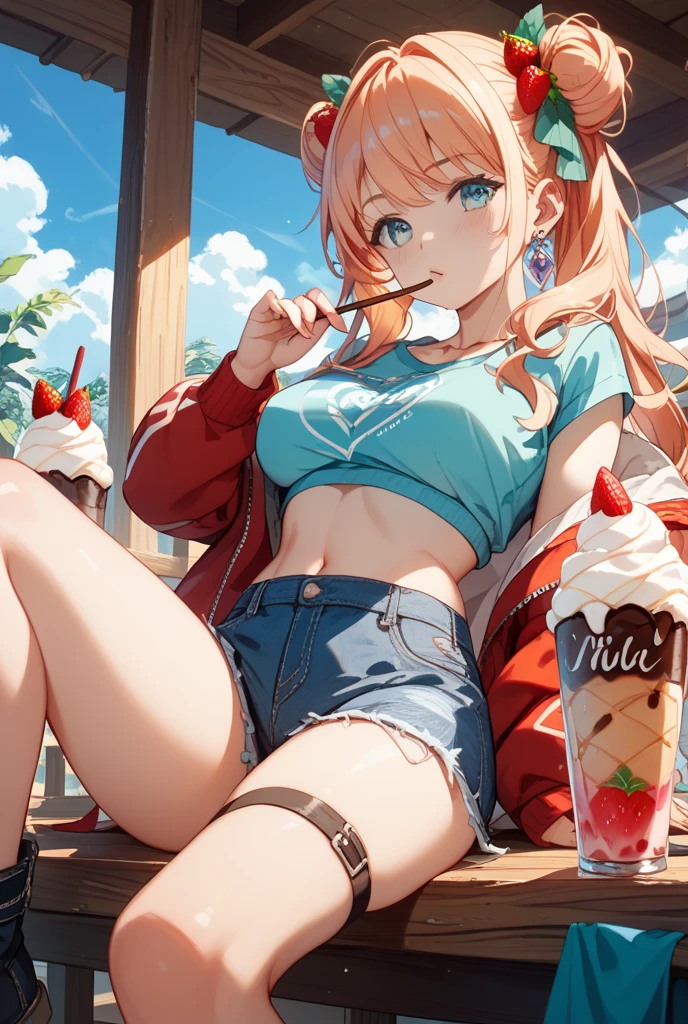 Draw Cassye Sandler, an anime-style female character with lung-length orange hair, thin orange eyebrows and blue eyes, smile on her face. small breasts, thin waist, big perky ass, thick thighs. wearing a sexy casual outfit. eating ice cream with a dirty look, licking the ice cream provocatively looking at the viewer. sitting on a bench with the. legs apart in a diner. front view. bottom-up perspective. as sexy as possible without going over the limit of sensuality.