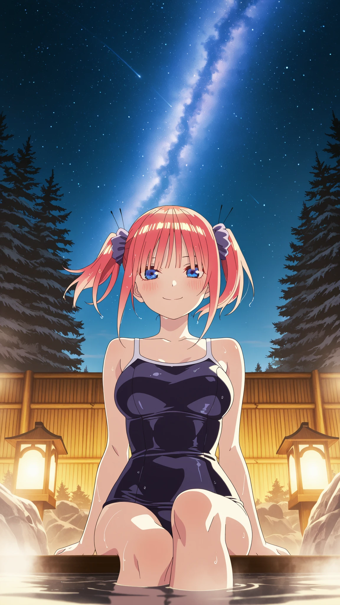 best quality, ultra-detailed masterpiece, anime art style, cute characters, nino nakano, large breasts, blush, smile, leg focus